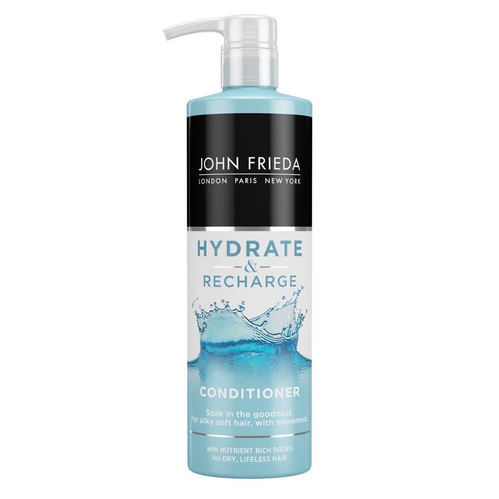 John Frieda Hydrate & Recharge Dry Hair Shampoo & Conditioner 500ml Duo Pack.  Quench thirsty, lifeless hair with a surge of moisture. Infused with nutrient-rich drops containing Monoi Oil and Keratin, this Hydrate & Recharge Shampoo transforms dry, dehydrated strands, whilst the Hydrate & Recharge Conditioner nourishes dry, brittle strands for touchably soft, silky hair that moves with you.

Set Contains:  1x John Frieda Hydrate & Recharge Dry Hair Shampoo 500ml & 1x John Frieda Hydrate & Recharge Dry Hair Conditioner 500ml