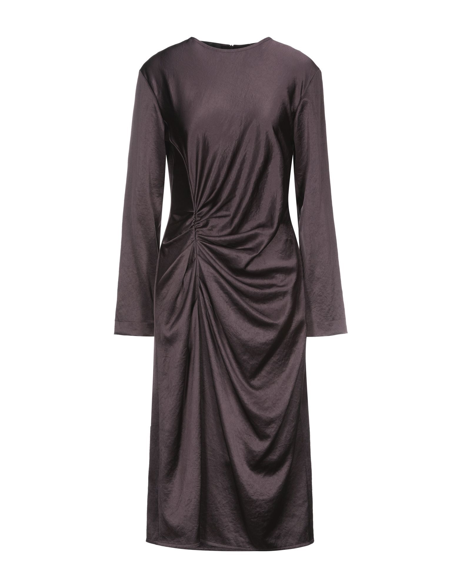 satin, draped detailing, basic solid colour, round collar, long sleeves, no pockets, rear closure, zip, unlined