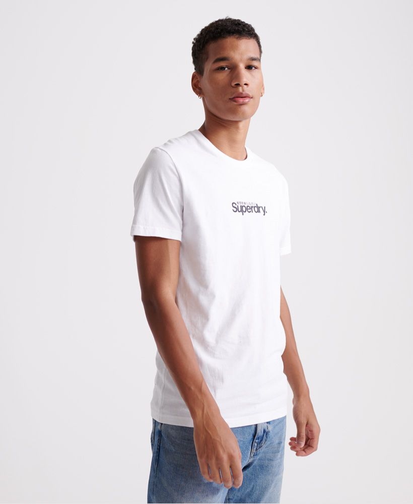 Superdry men's Core Logo essential t-shirt. Update your basics with this classic tee featuring a ribbed crew neck, short sleeves and a textured Superdry logo across the chest. The Core Logo essential t-shirt would look great layered over a long sleeved top and paired with jeans and trainers to complete the look this season.Slim fit – designed to fit closer to the body for a more tailored look
