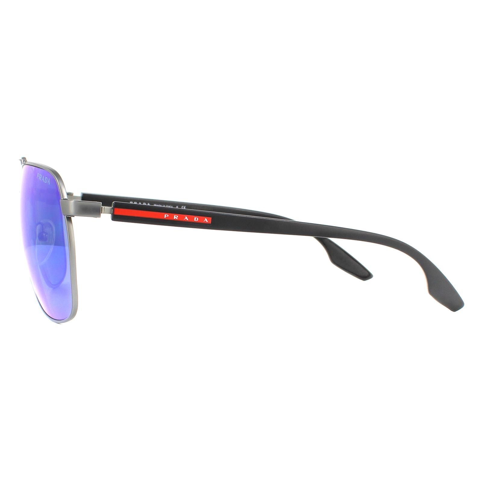 Prada Sport Sunglasses PS55VS 7CQ5M2 Matte Gunmetal Light Green Blue Mirror  are a contemporary and lightweight aviator style with a distinctive double bridge and iconic Prada Sport red stripe branding along the temples.