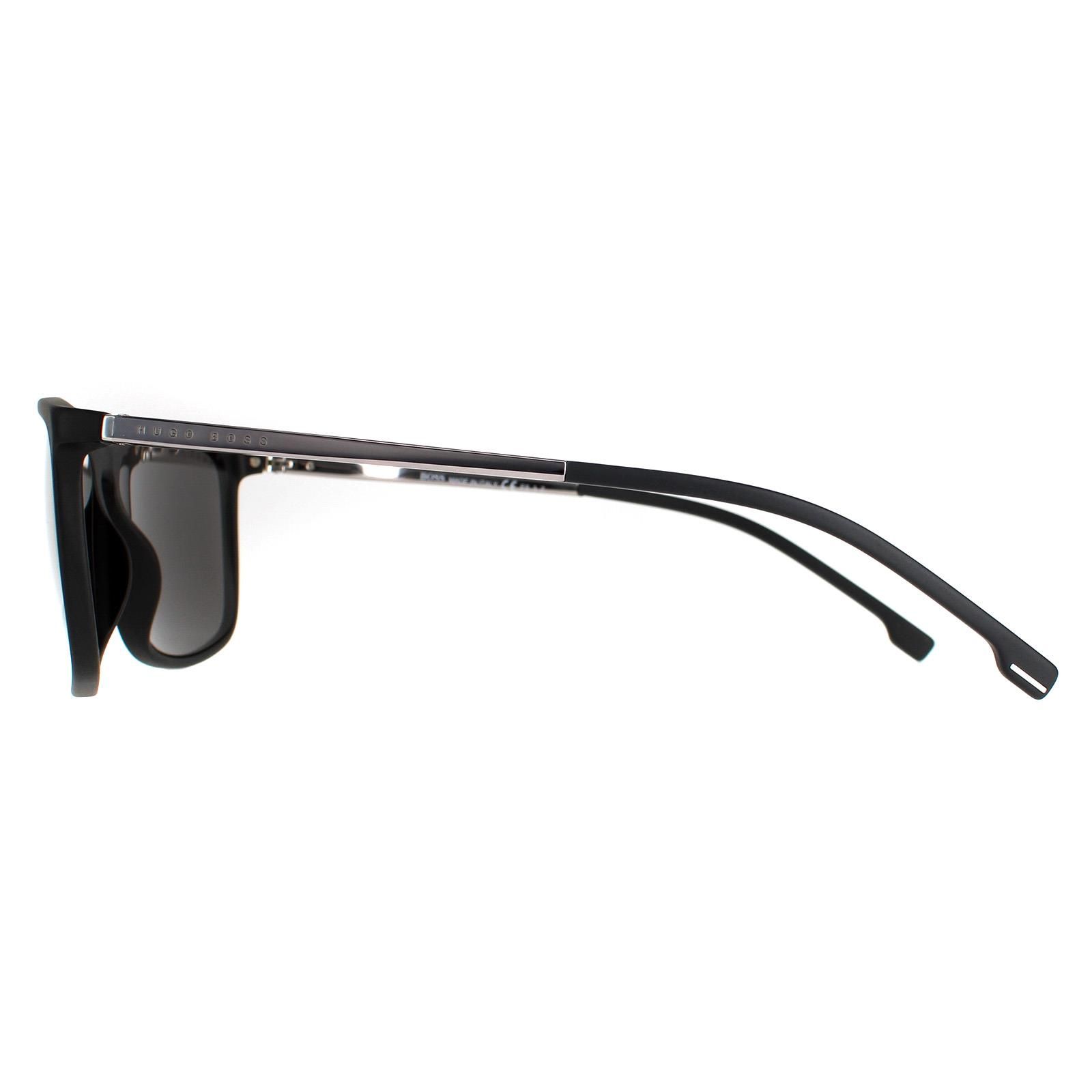 Hugo Boss Rectangle Mens Matte Black Grey Polarized BOSS 1182/S/IT  Hugo Boss are a masculine design with a super slim rectangular frame. Crafted in Italy from lightweight plastic they're comfortable and durable with the Hugo Boss logo etched into the slender temples.