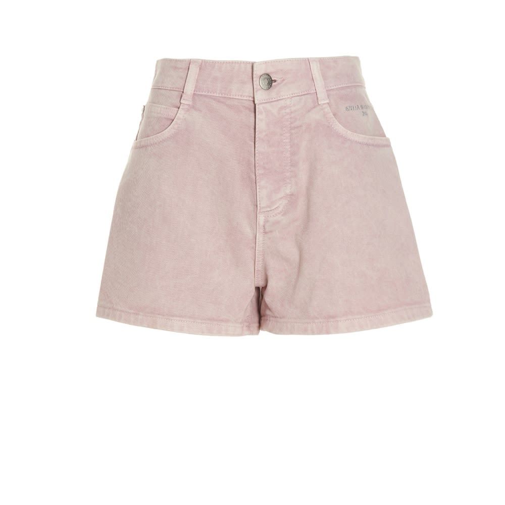 Mid-rise light pink shorts with Stella McCartney logo embroidered on the front. It features button and hidden zip fastening, five pockets design, rear logo patch and belt loops. The model is 175cm tall and wears size 27.  