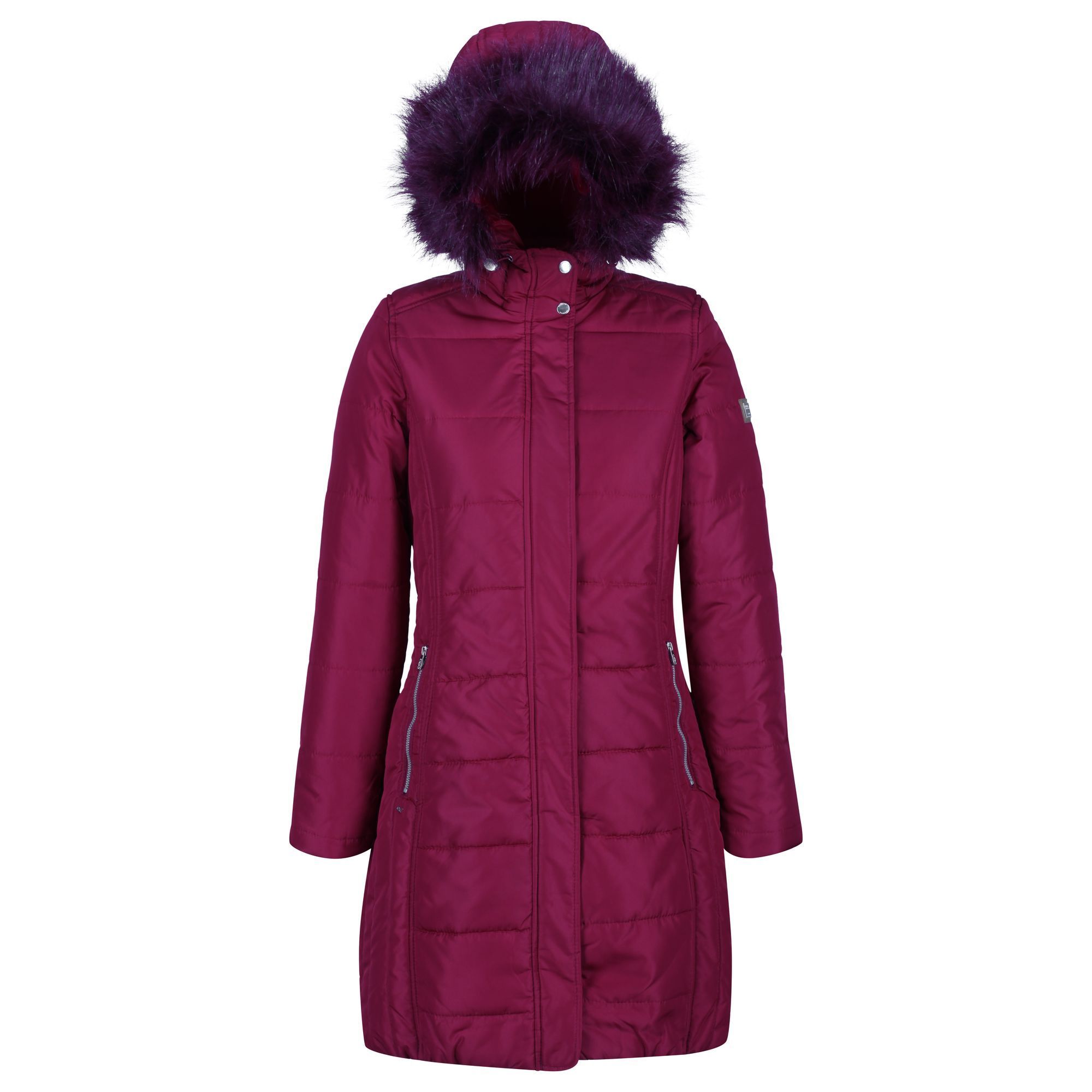 100% Polyester. Quilted water repellent polyester micro poplin. Thermo-Guard insulation. Polyester taffeta lined. Internal security pocket. Grown on hood with detachable faux fur trim.