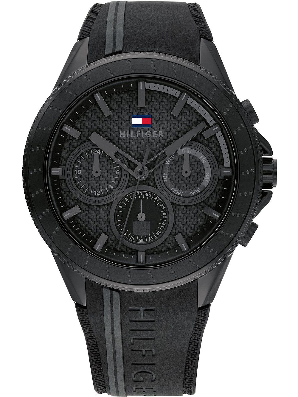This Tommy Hilfiger Aiden Multi Dial Watch for Men is the perfect timepiece to wear or to gift. It's Black 44 mm Round case combined with the comfortable Black Silicone will ensure you enjoy this stunning timepiece without any compromise. Operated by a high quality Quartz movement and water resistant to 5 bars, your watch will keep ticking. Thanks to its ultra-soft silicone strap and its iridescent dial, it will bring a fashionable and modern touch to all your outfits!The choice is yours! -The watch has a calendar function: Day-Date, 24-hour Display High quality 21 cm length and 24 mm width Black Silicone strap with a Buckle Case diameter: 44 mm,case thickness: 12 mm, case colour: Black and dial colour: Black