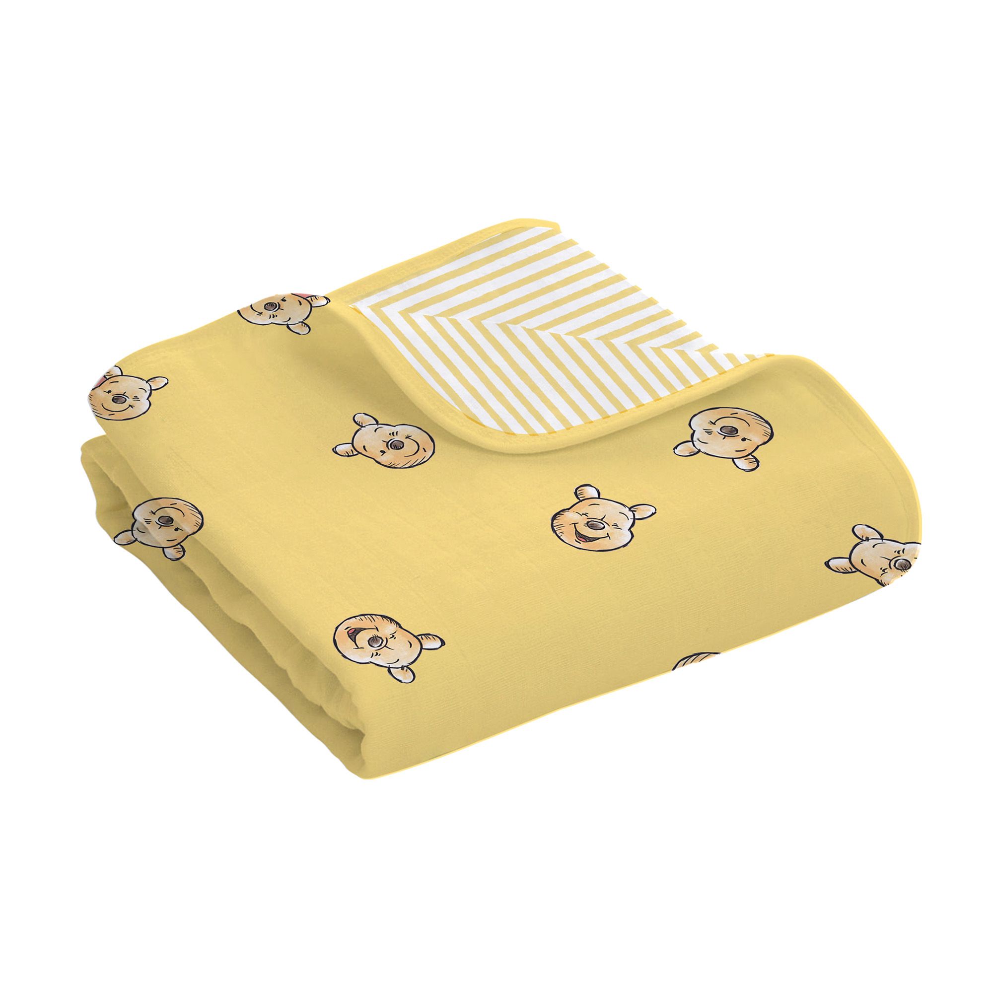 Let our high quality muslin assure you that you’re doing the best thing for your baby’s comfort. Superior breathability, natural give, softness and durability, this 100% cotton Muslin blanket is reversible which features a rotary print of Pooh's face overall on Yellow on one side and yellow and white stripped on the other side . Baby essentials which last a lifetime and provide happiness throughout generations! Breathable and soft muslin cozy fabric helps prevent overheating and is gentle against baby’s sensitive skin. Our large 100 x 150 cm blanket provides you and your little bundle of joy with enough space without having to fear that they will outgrow the blanket too soon

 This is an official Disney Winnie the Pooh merchandise, you can now pair it up with matching Duvet cover set, hooded towels, Fitted cot sheets and sleeping bags from the same collection.
This collection is verified by OEKO-TEX® and independently tested for harmful substances. It stands for customer confidence and high product safety. All our Cotton products are COGTS certified.