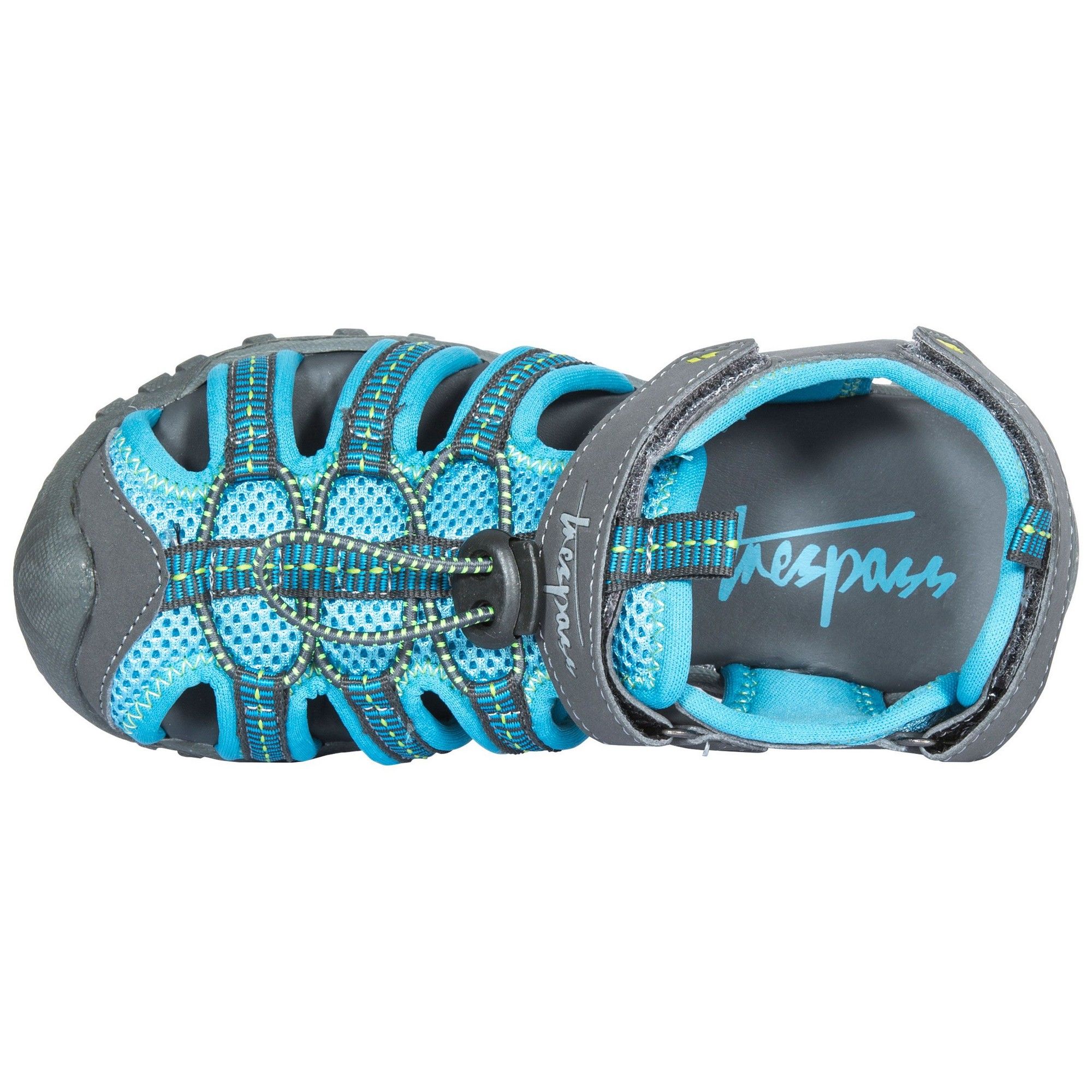 Kids protective active sandal. Closed toe. Adjustable ankle and instep straps. Adjustable pull cord. Cushioned and moulded footbed. Durable multi-purpose outsole. Upper: PU/Mesh/Textile webbing, Lining: Spandex, Outsole: TPR.