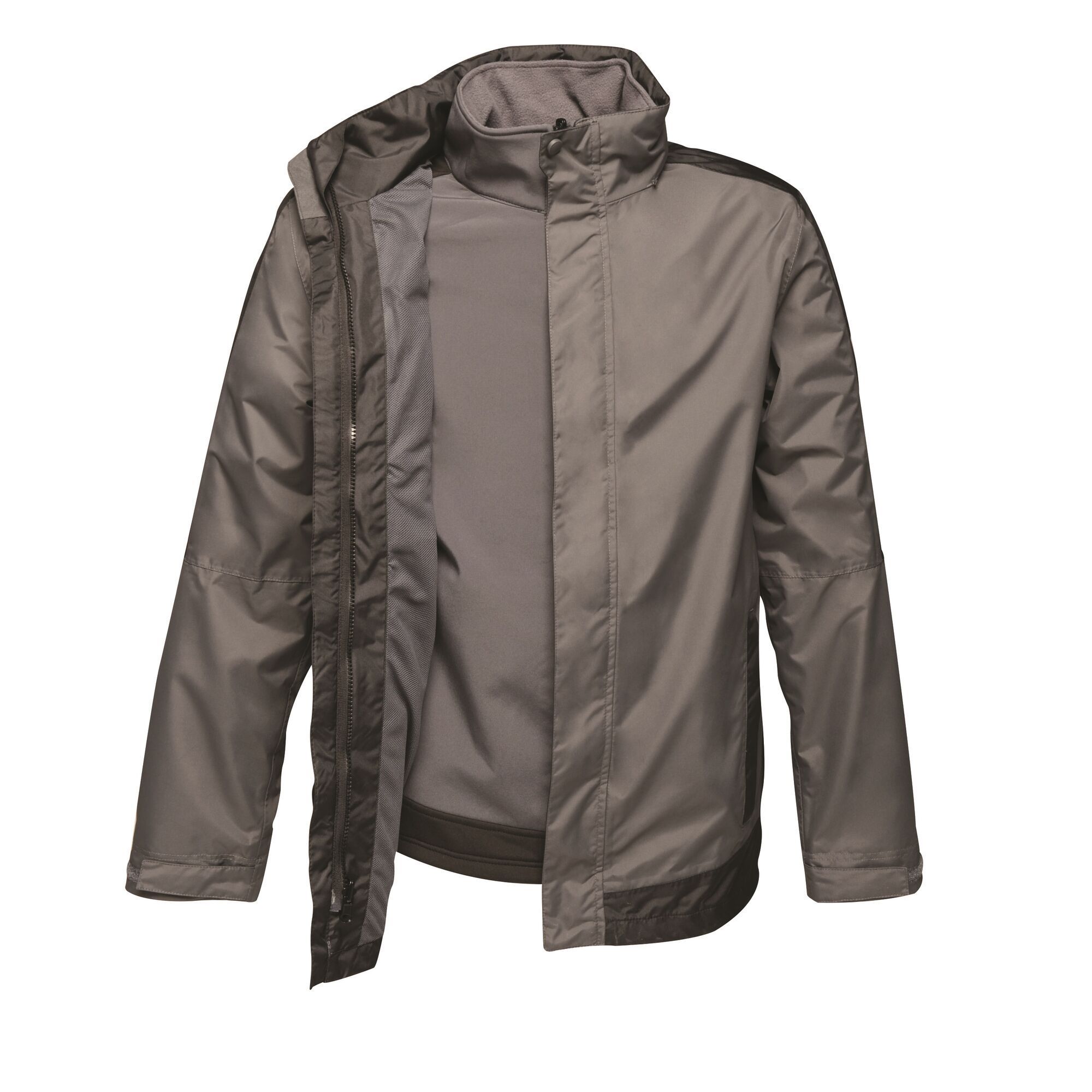Waterproof and breathable Isotex 10000 100% polyester. Part mesh, part polyester taffeta lining. Taped seams. Conforms to EN343:2003 A1:2007 Class 3:2. Concealed hood with adjusters. 2 zipped lower pockets and 1 zipped chest pocket. Adjustable cuffs and shockcord hem.