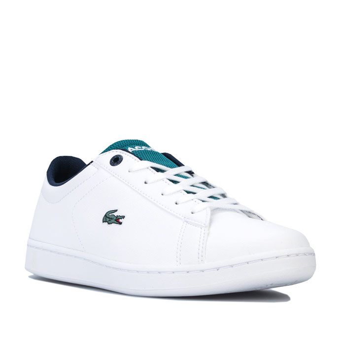 Junior Lacoste Carnaby Evo Trainers in White & Red.<BR>- Lace fastening <BR>- Cushioned Ortholite® insole <BR>- Lightly padded collar <BR>- Striped heel strip <BR>- Branding to heel  side and tongue <BR>- Synthetic Upper  Textile Lining  Synthetic Sole <BR>- Ref: 739SUJ0001082