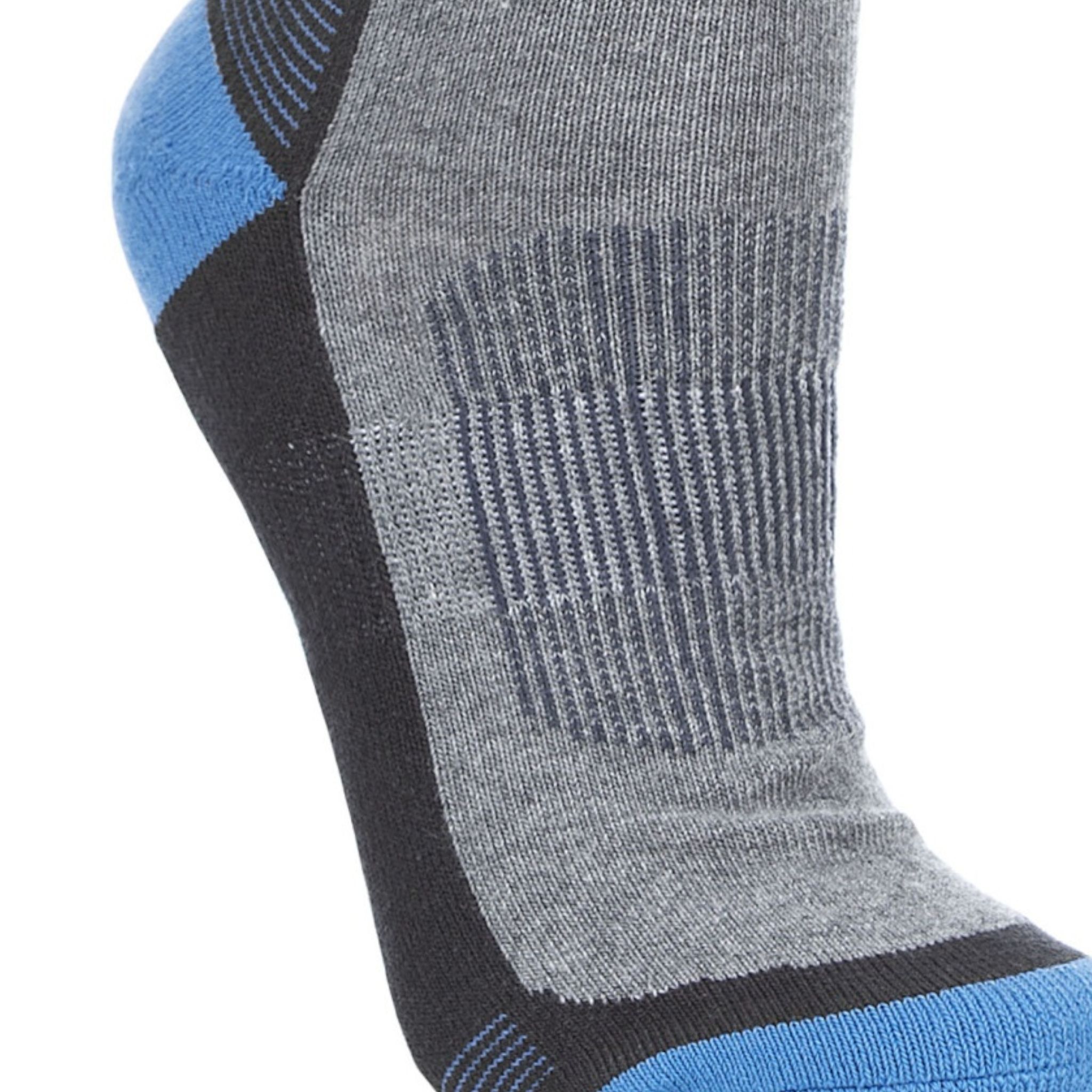 Mens padded hiking boot socks. High density padding around heel and toe. Elasticated grip elements. Elasticated cuffs. Choice of 2 colour packs. Choice of 2 sizes: UK 4-7, UK 7-11. 70% Cotton, 20% Nylon, 10% Elastane.