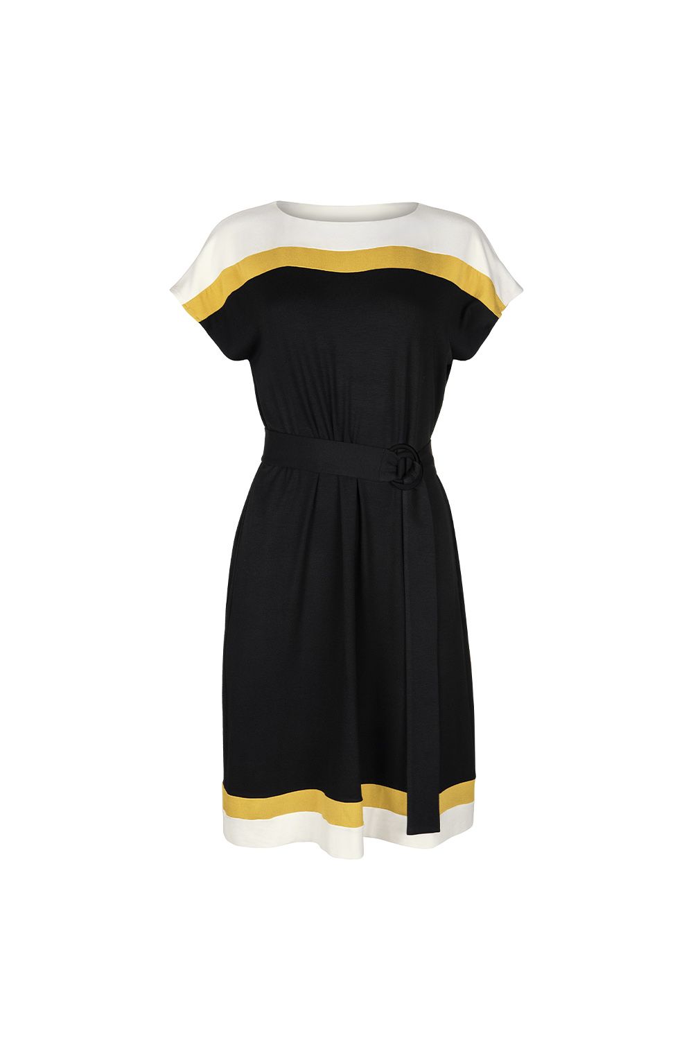 This casual dress from the Lisca ‘Saint Tropez’ range is suitable for beach or everyday wear. Features short sleeves, attractive coloured stripes, wearable belt with ring and is made of viscose knit that falls nicely along the body.