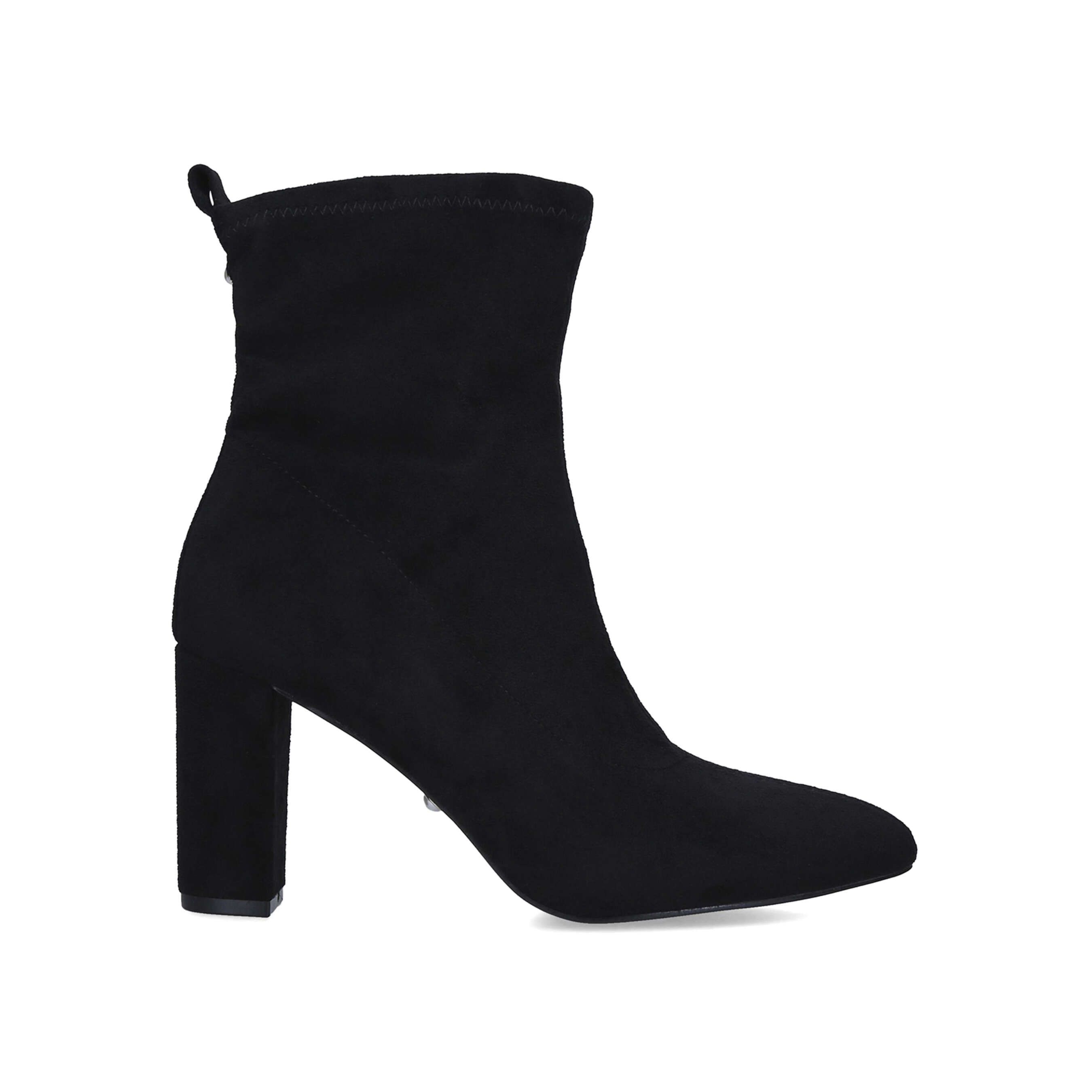 Hallie from Miss KG is a heeled ankle boot with a black suedette upper and a pointed toe.