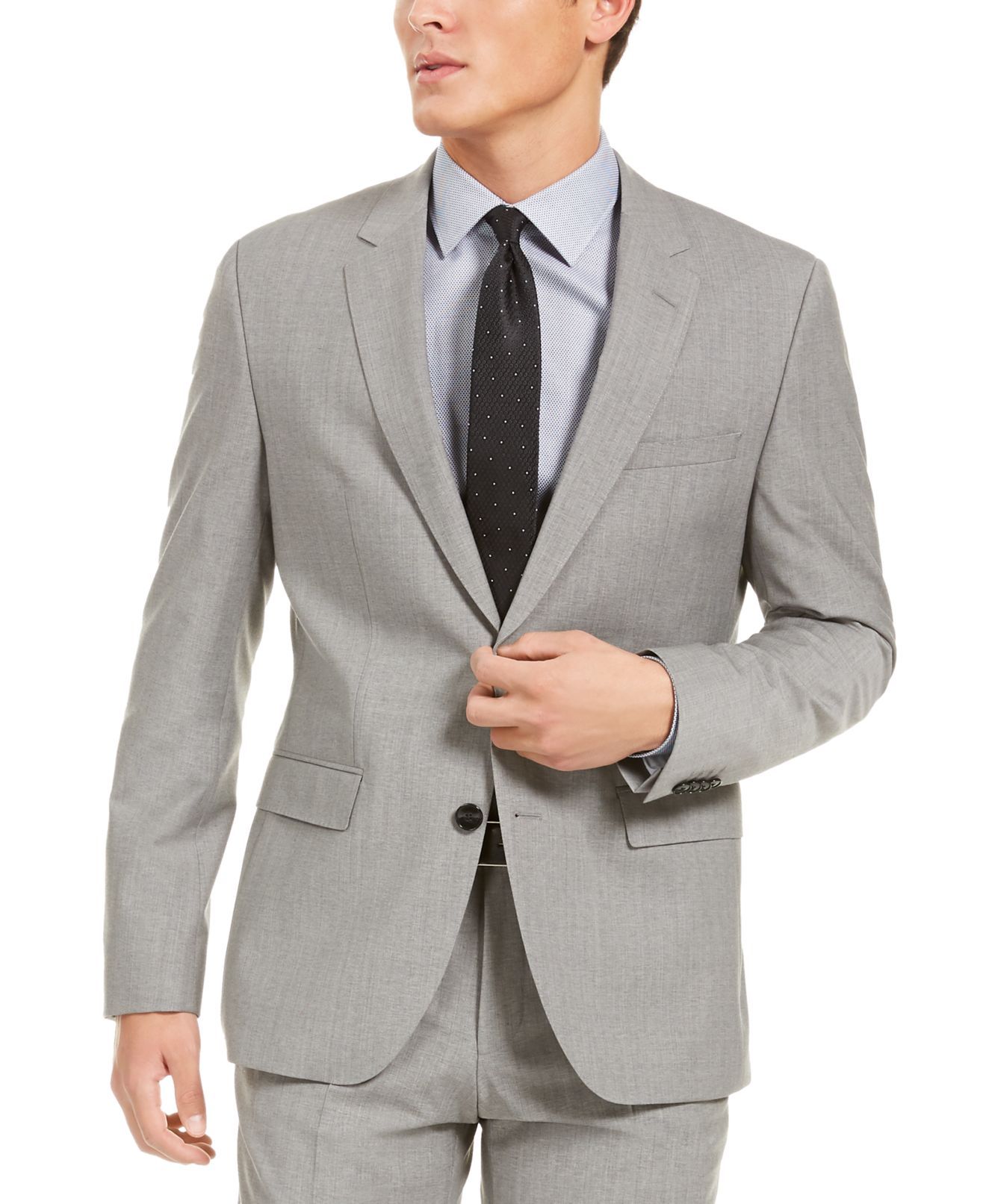 Color: Grays Size Type: Regular Type: Blazer Jacket Size: 48 Jacket Length: Regular Material: Wool Blends Pockets Top - Exterior: 3 Pockets Pockets Top - Interior: 2 Pockets Pockets Bottom: None