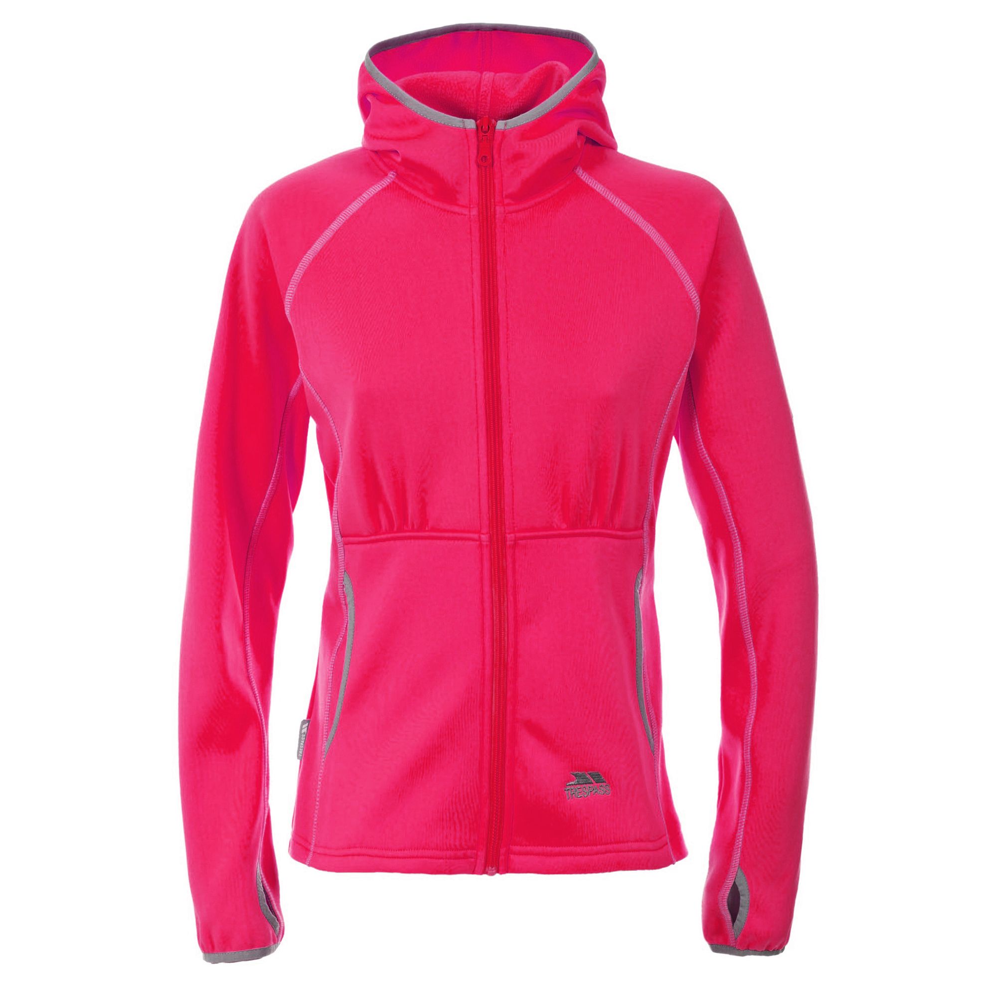 Womens full zip up fleece. Topside- interlock. Backside- brushed microfleece. Anti pilling. Hooded style. Contrast stretch bindings. Two pockets. Contrast cover stitch detail. Airtrap. 300gsm. Material: 100% Polyester. Trespass Womens Chest Sizing (approx): XS/8 - 32in/81cm, S/10 - 34in/86cm, M/12 - 36in/91.4cm, L/14 - 38in/96.5cm, XL/16 - 40in/101.5cm, XXL/18 - 42in/106.5cm.