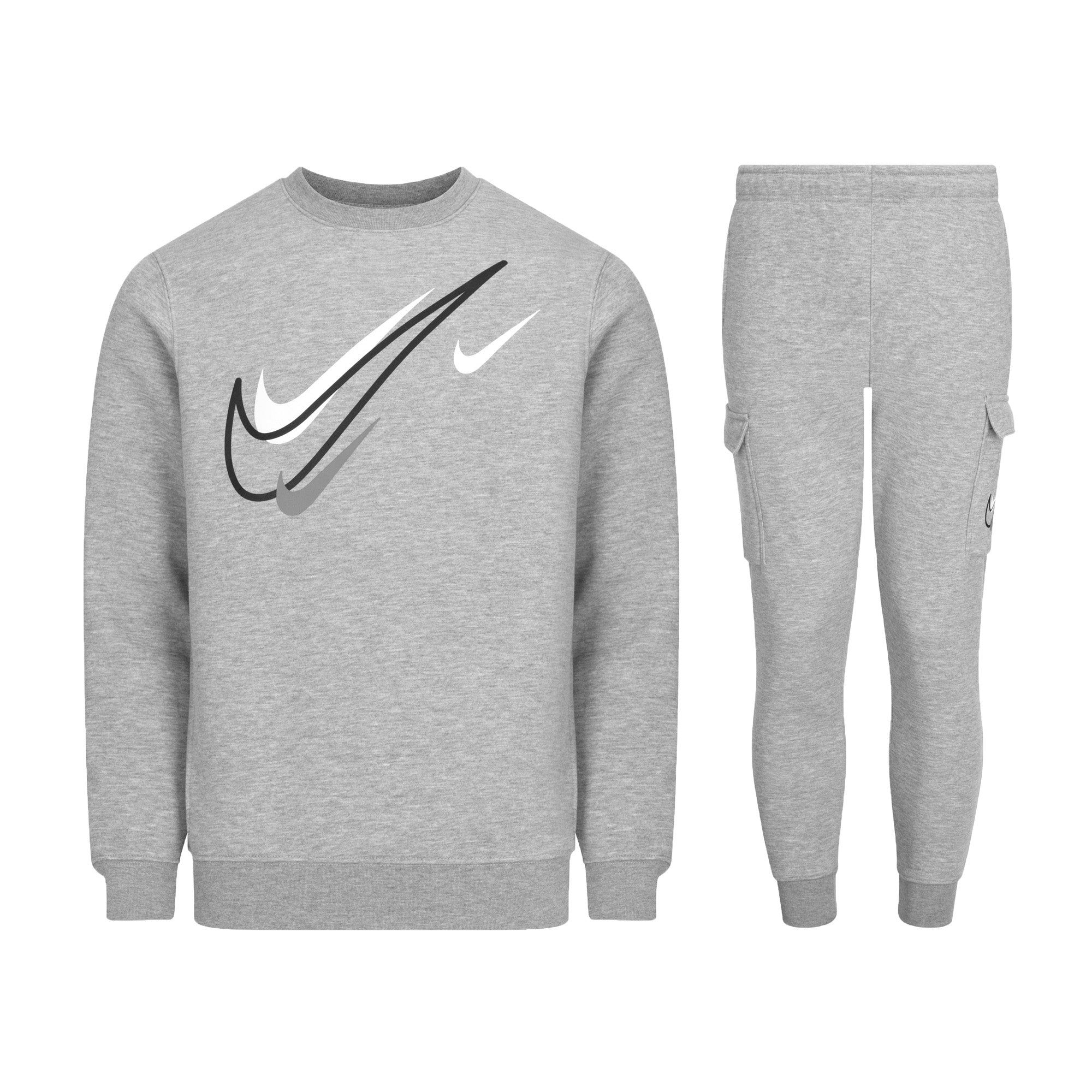 Crew Neck Top, Sportswear Multi Swoosh Graphic.
Ribbed Neckline, hem and Cuffs.
Elasticated Waist
Concealed draw cord Cuffed Joggers.
2 Side Pockets, 2 Cargo Flat Pockets Secured with Pressed Buttons.
Soft and Comfortable Feel Fabric.