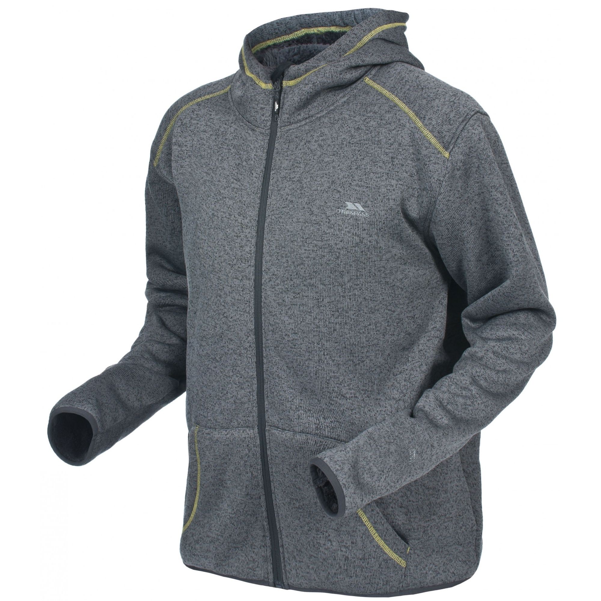 Hooded knitted fleece. Full zip front. 2 pockets. Contrast coverstitch detail. Binding at hem and cuff. Airtrap. 500gsm. 100% Polyester.