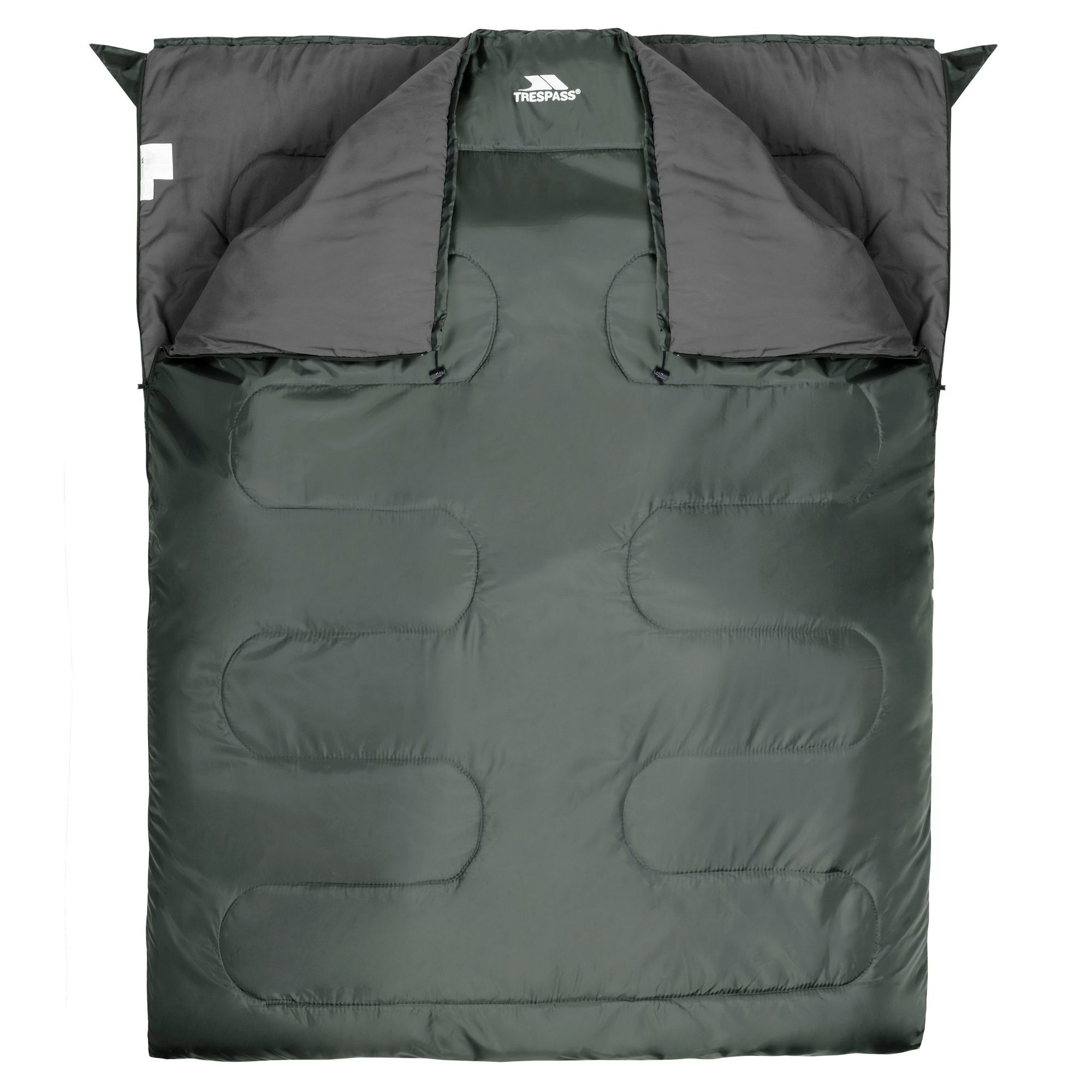3 Season Double Sleeping Bag. 180cm x 140cm. Shell: 100% Polyester, Water repellent, Lining: 65% Polyester/35% Cotton, Filling: 100% Polyester. Upper limit: +22C, comfort: +13C, lower limit: -3C.