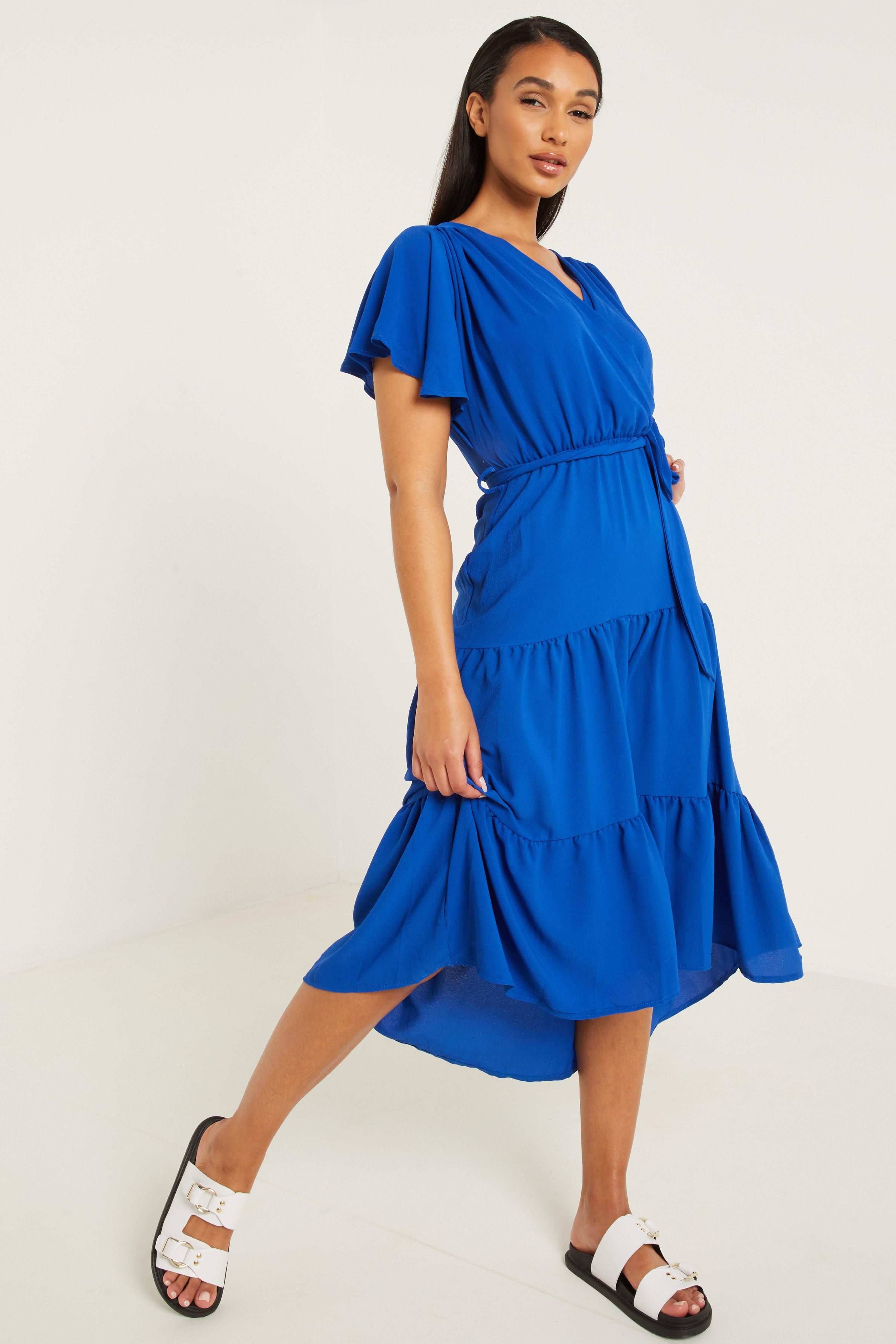 Blue Wrap Dip Hem Dress