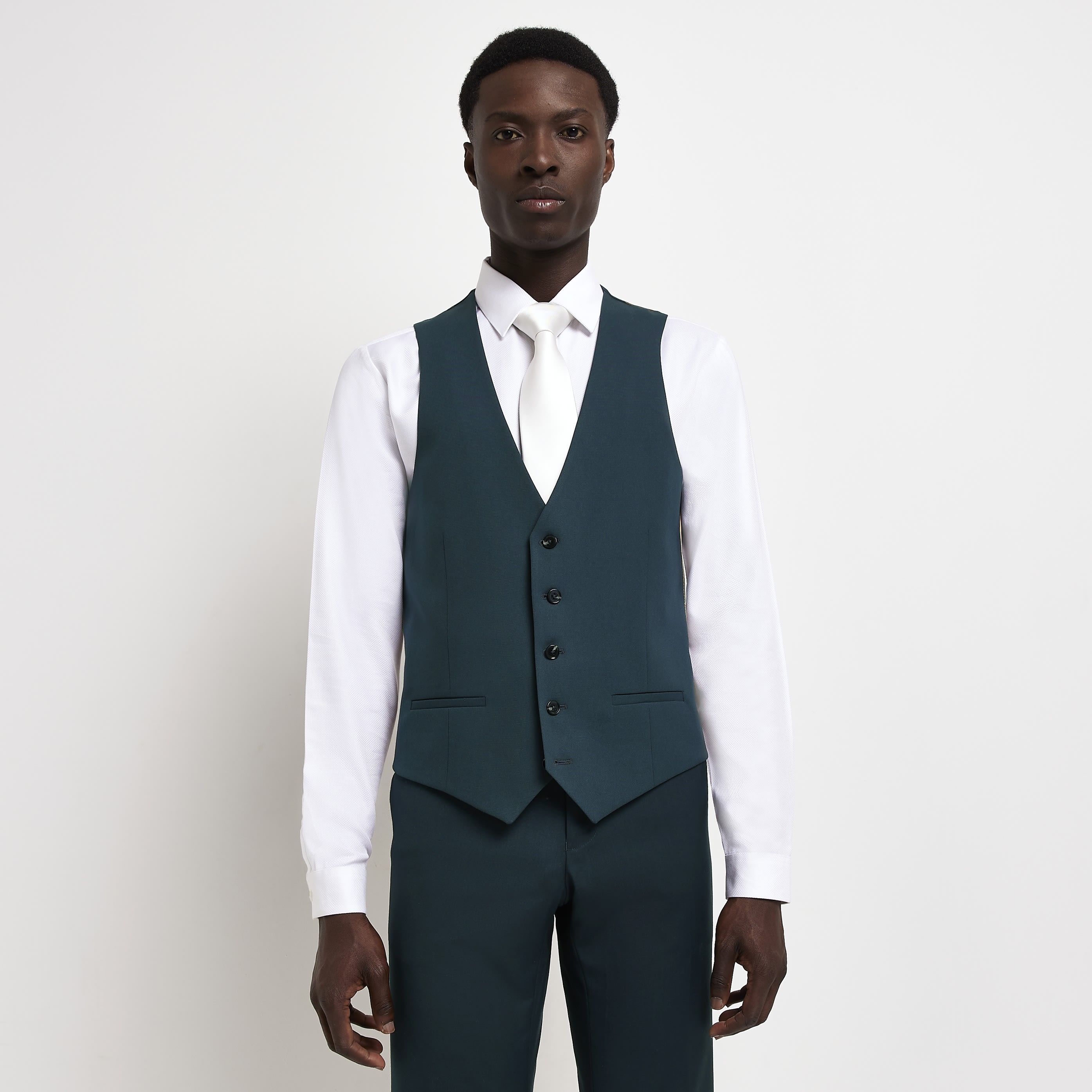 > Brand: River Island> Department: Men> Colour: Green> Type: Suit Waistcoat> Material Composition: 64% Polyester 34% Viscose 2% Elastane> Material: Polyester> Pattern: No Pattern> Occasion: Formal> Size Type: Regular> Closure: Button> Season: SS22