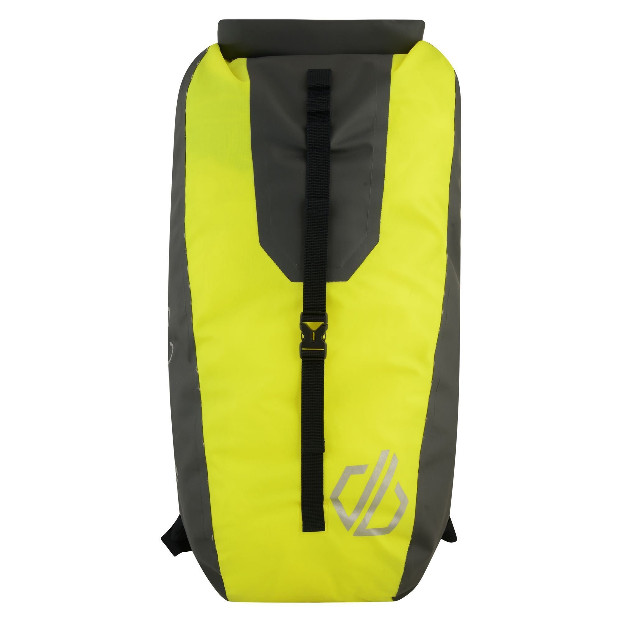 100% polyester tarpaulin waterproof fabric. . 30L capacity.  Heat sealed seams. Roll top closure with clip fastening. Padded shoulder straps. Reflective print detail. Bike light/reflector attachment loop.