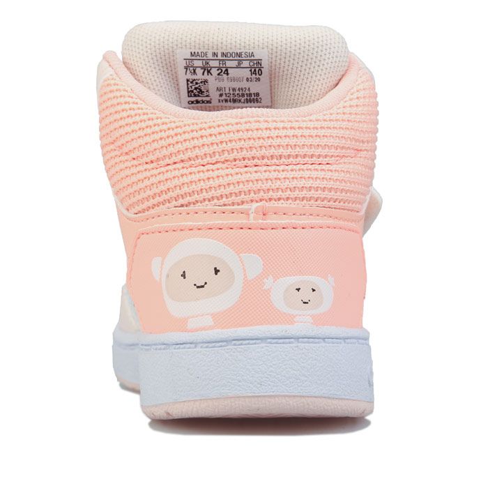 Infant Girls adidas Hoops 2.0 Mid Trainers in pink white.- Synthetic upper.- Hook-and-loop closure.- 3-Stripes to sides.- Cushioned  supportive feel.- Mid-cut trainers with B-ball style.- Padded collar and tongue.- EVA sockliner.- Regular fit.- Rubber  cupsole.- Synthetic and textile upper  Textile lining  Synthetic sole.- Ref.: FW4924I