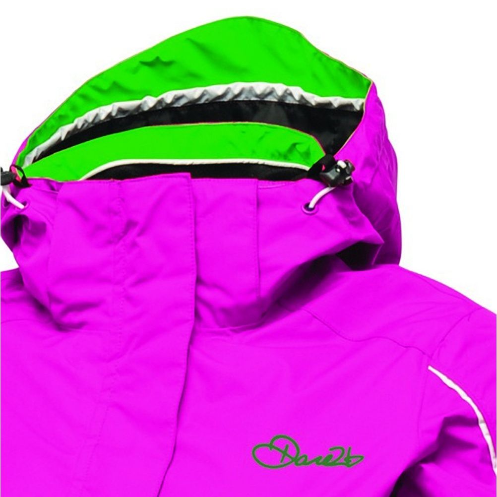 Streamlined, seam sealed, insulated performance jacket for the slopes. Made from ARED 5,000 fabric, that keeps the water out while allowing you to breathe. Packed with high loft insulation to keep you toasty and warm. Fixed snowskirt and foldaway hood to keep powder out. Waterproof and breathable Ared 5000 coated polyester fabric. Water repellent finish. Taped seams. Fixed foldaway hood with adjusters. Hood packs away in to collar. Adjustable cuffs. 2 x lower zip pockets. 1 x ski pass zip pocket. Adjustable shockcord hem system. High loft polyester insulation. Polyester lining with scrim back panel. Internal mesh pockets suitable for goggles. 100% Polyester. Dare 2B Womens Sizing (chest approx): 6 (30in/76cm), 8 (32in/81cm), 10 (34in/86cm), 12 (36in/92cm), 14 (38in/97cm), 16 (40in/102cm), 18 (42in/107cm), 20 (44in/112cm), 22 (46in/117cm), 24 (48in/122cm).