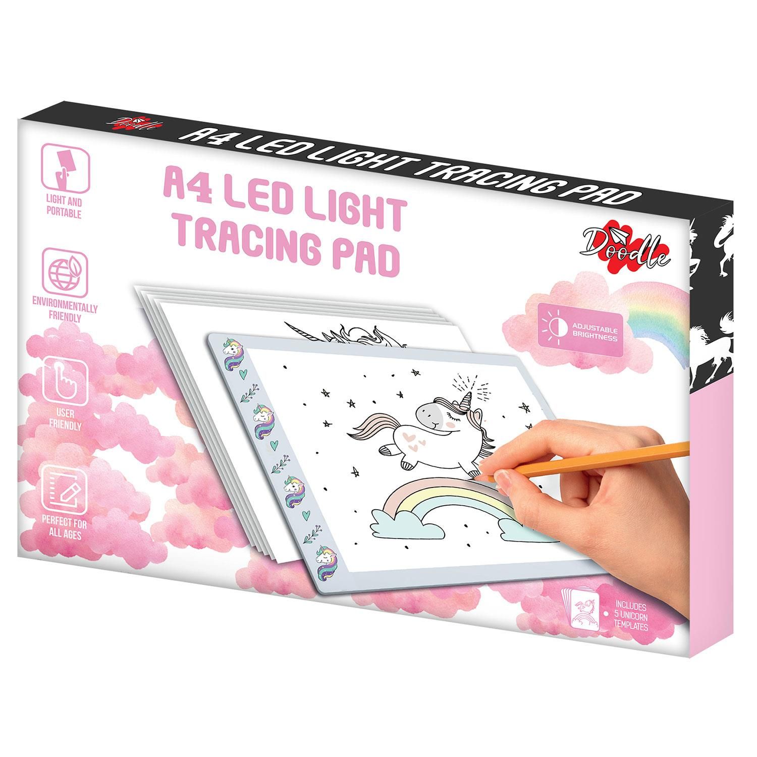 Doodle A4 Ultra-Thin Portable LED Tracing Pad with USB Cable Unicorn.  Whether you are a professional artist or an amateur, take your drawings to the next level with this versatile Doodle LED Tracing light pad. The back-lit background makes it incredibly easy to trace drawings or add to existing works.  Ultra-Thin and Portable: Lightweight (400gm) and ultra-thin (0.5cm) drawing board, you can carry anywhere anytime. The illumination is perfectly even, super bright, and flicker-free.  Adjustable brightness can be set as per your need. Just long-press the power button for step-less dimming on the board and you can set the brightness.  There is horizontal and vertical scaling that helps a lot while sketching.  LED Drawing Board can be connected to a laptop, power-banks, adapters, etc to make use with 2.8W power consumption.  Eyesight protective LED board is a flicker-free and eco-friendly LED. No more sore eyes after long-hour work. amiciVision drawing board

Features :
Acrylic durable strong panel.
A super bright light shines through most types of paper.
One-touch brightness settings.
USB power connection.
Convenient for use on a desk or on your lap.
The touch switch makes it simple to use and turn on or off.
Easily assembled, carried, and stowed away.
Product Material: Acrylic
Power Source: USB Charger (5V-12V/DC)
Light Source: LED light
Screen Size (Diagonal) : 16 Inches/38.6 cm
Screen Resolution : 3840 x 2160
Age Recommendation: 6 years above

Includes:  1x drawing board, 1x USB cable (1.5mlong) and 1x user manual