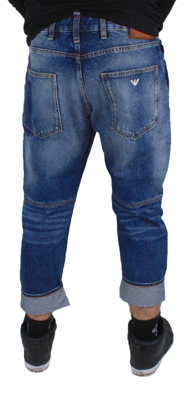 Armani Jeans 6Y6J04 6D2NZ 1500 Jeans. Medium Blue Denim. Zip Fly. 3/4 Length. Armani Jeans Leather Badge. Loose Fit