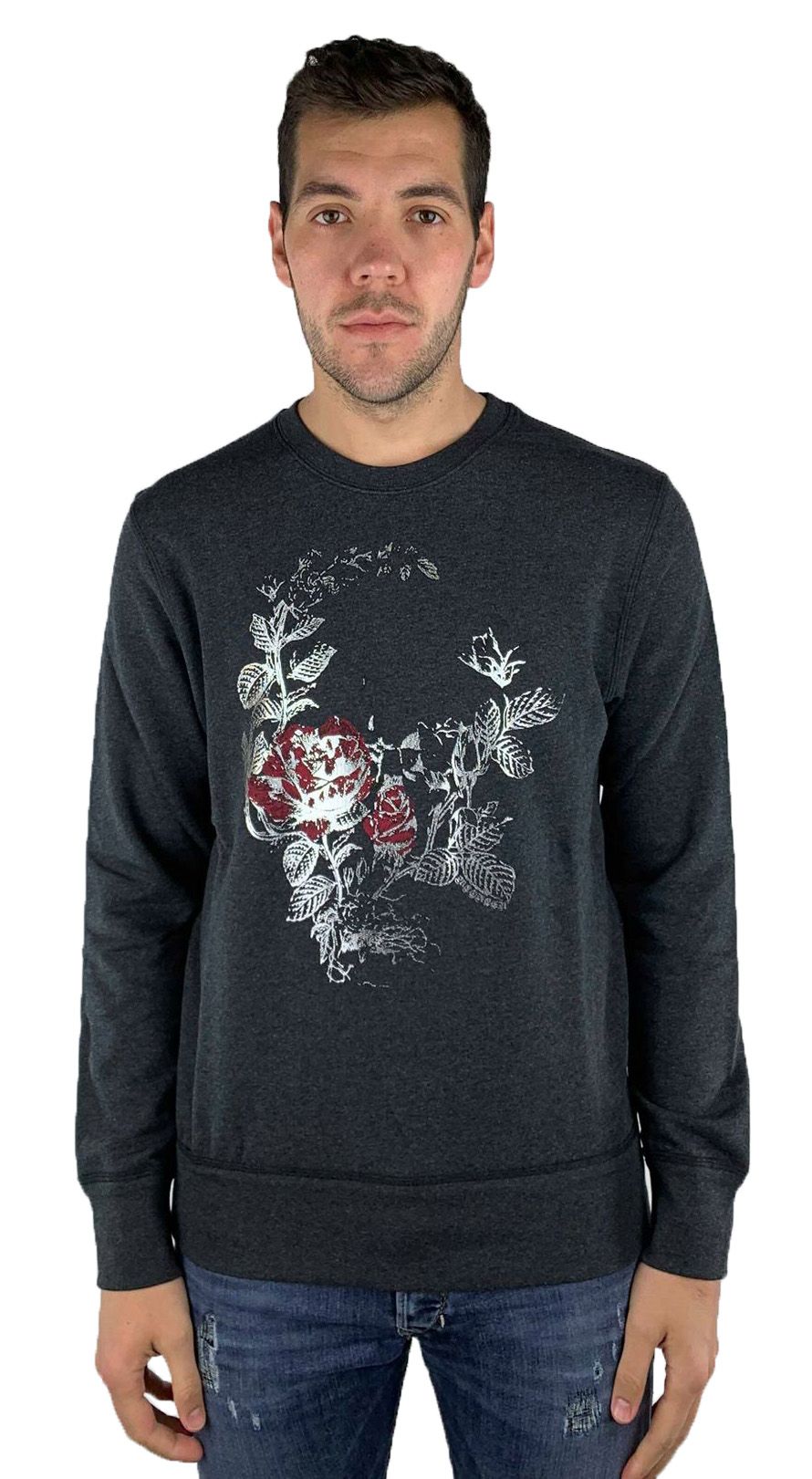 Alexander McQueen 520323 QLZ94 0922 Sweater. Jumper Sweatshirt With Ribbed Cuffs and Hem. Skull and Rose Print. Elasticated Sleeve and Waist Endings. Crew Neck Sweater. 100% Cotton, Made In Italy