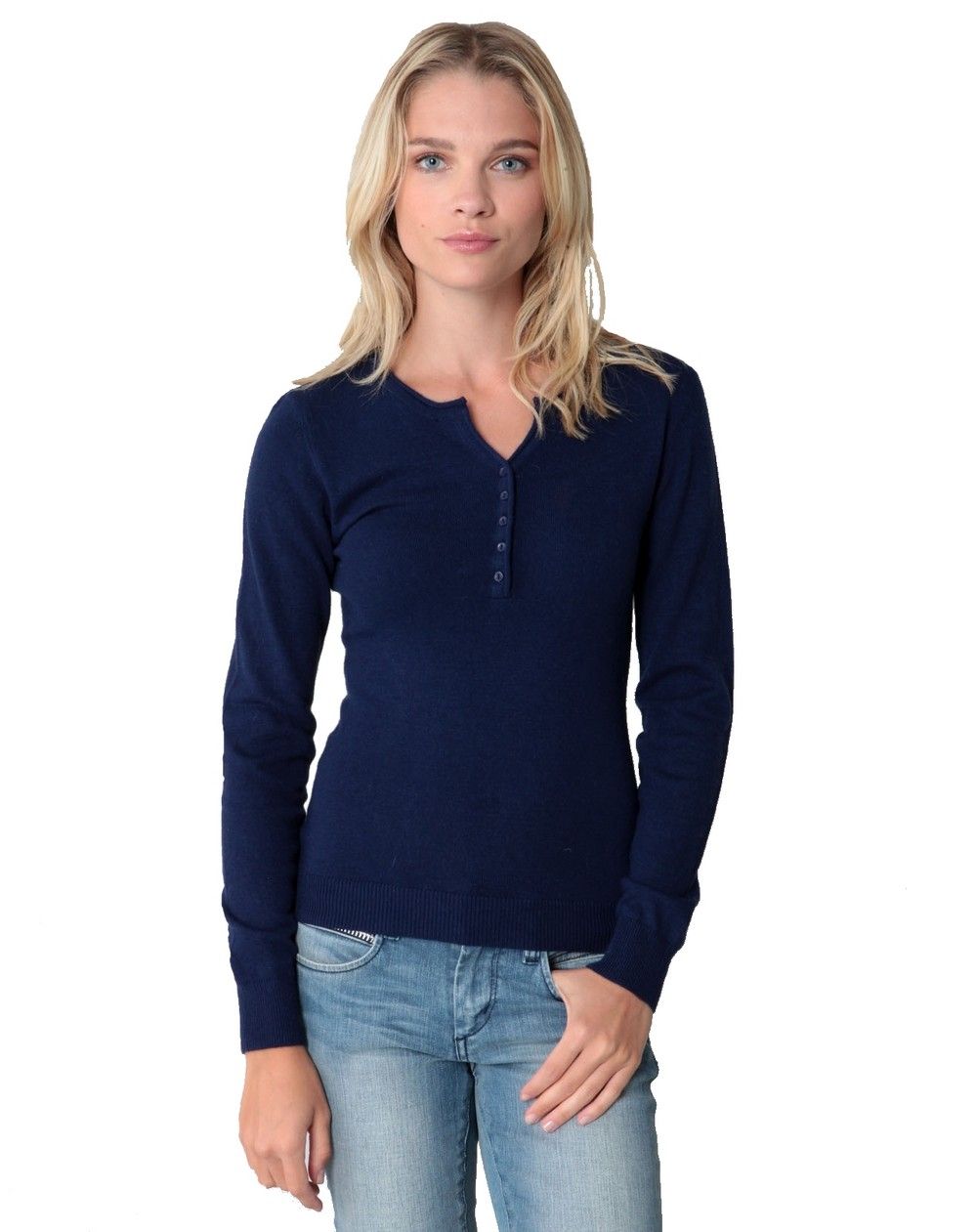 Assuili Tunisian Neck Sweater with Rolled Buttons in Navy