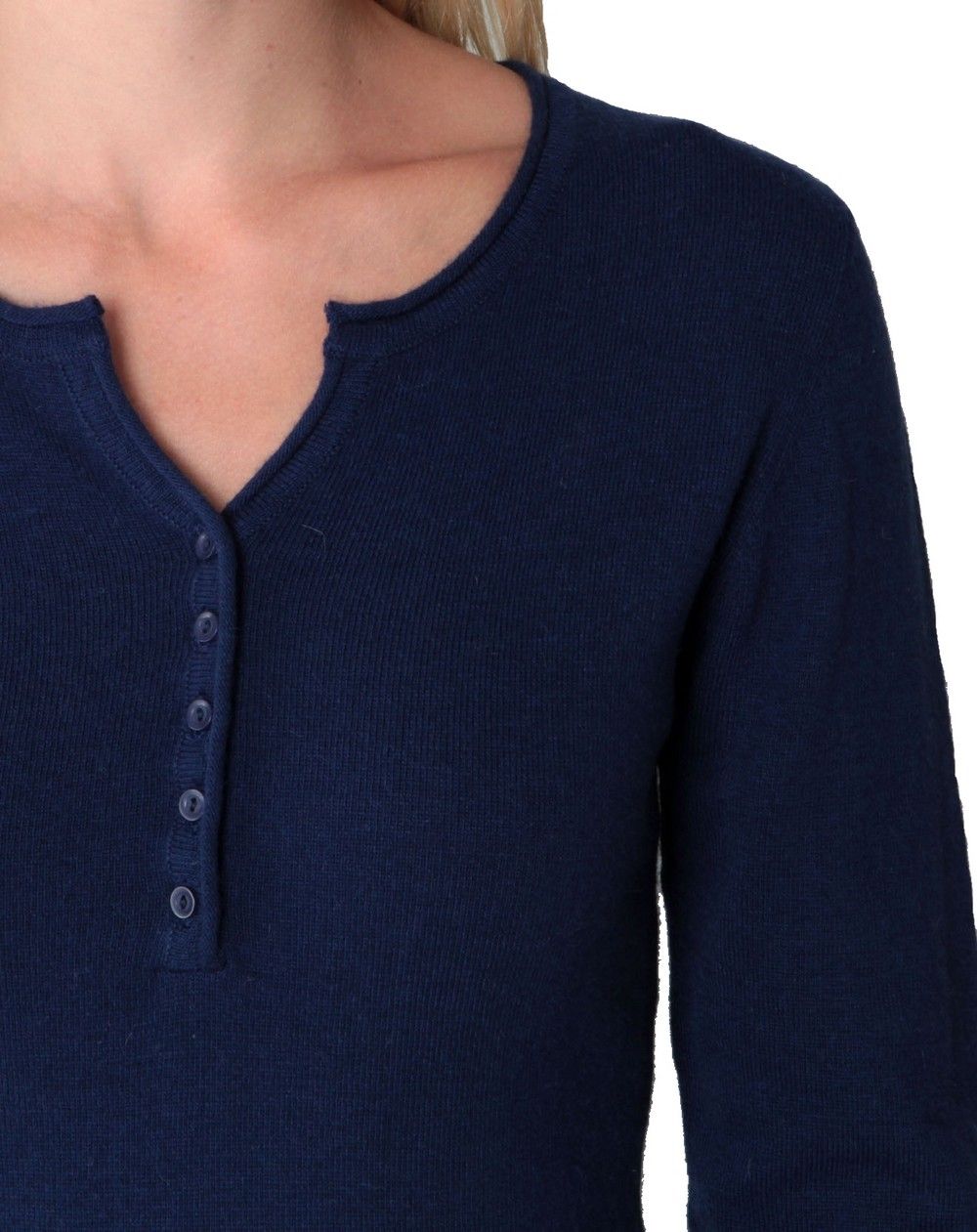 Assuili Tunisian Neck Sweater with Rolled Buttons in Navy