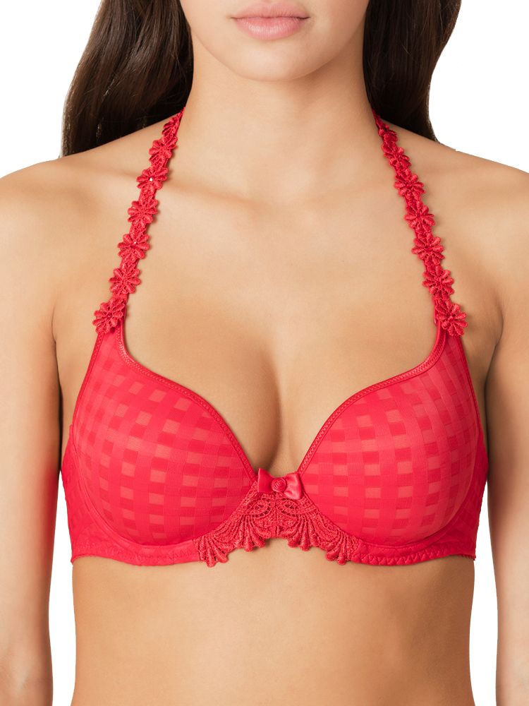 Marie Jo Avero Padded Heart Shaped Bra, this beautiful bra features a plunge heart-shaped neckline which highlights your cleavage and flatters your bust.  The padded cups offer a smooth, round shape, whilst the two-tone gingham style fabric overlay creates a romantically chic look. The underwire is encased in 2 layers of fabric plus a layer of foam which keeps you comfortable and supported throughout the day. The multiway straps can be worn conventionally, cross back or around the neck and feature delicate floral motif and decadent jewel detailing for a charming touch. Complete with a silicone strip along the top of the underbust band and a cute satin bow.