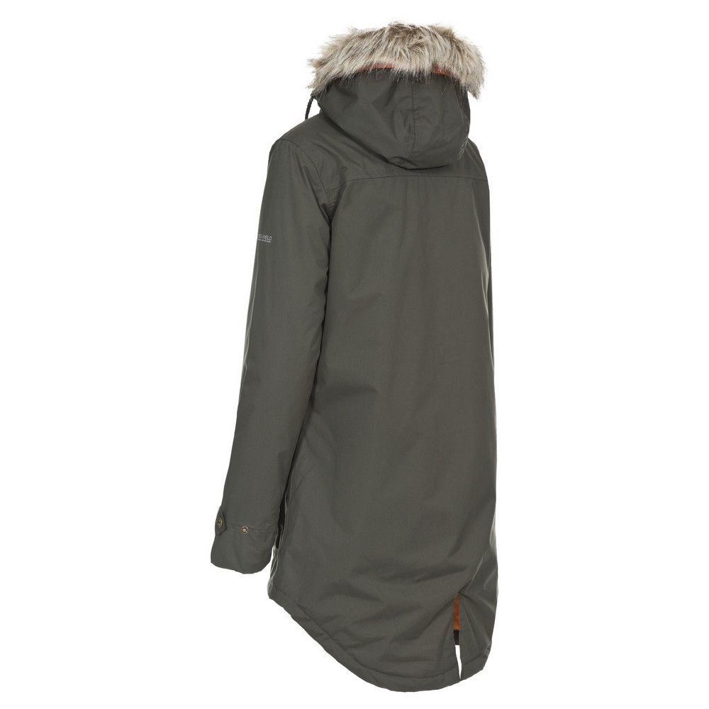 Womens padded jacket. Adjustable grown on hood with removable fake fur trim. 2 zip pockets. 2 patch pockets. Adjustable drawcord hem. Button cuff adjuster. Chin guard. Waterproof 5000mm. Windproof. Taped seams. Material composition: shell- 100% Polyester PU coating, lining- 100% Polyester. Trespass Womens Chest Sizing (approx): XS/8 - 32in/81cm, S/10 - 42in/107cm, M/12 - 44in/112cm, L/14 - 46in/117cm, XL/16 - 48in/122cm, XXL/18 - 50in/129cm, 3XL/20 - 54in/139cm, 4XL/22 - 58in/149cm, 5XL/24 - 62in/159cm.