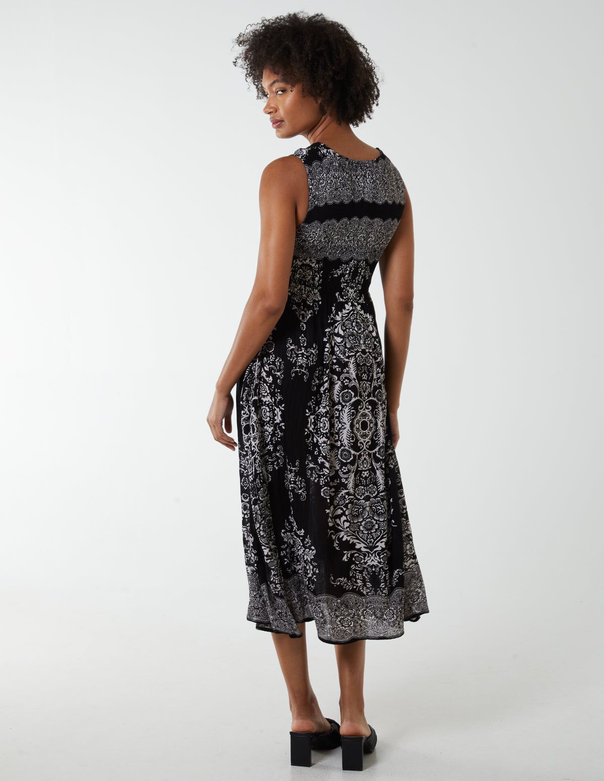 Shirred Print Midi Dress