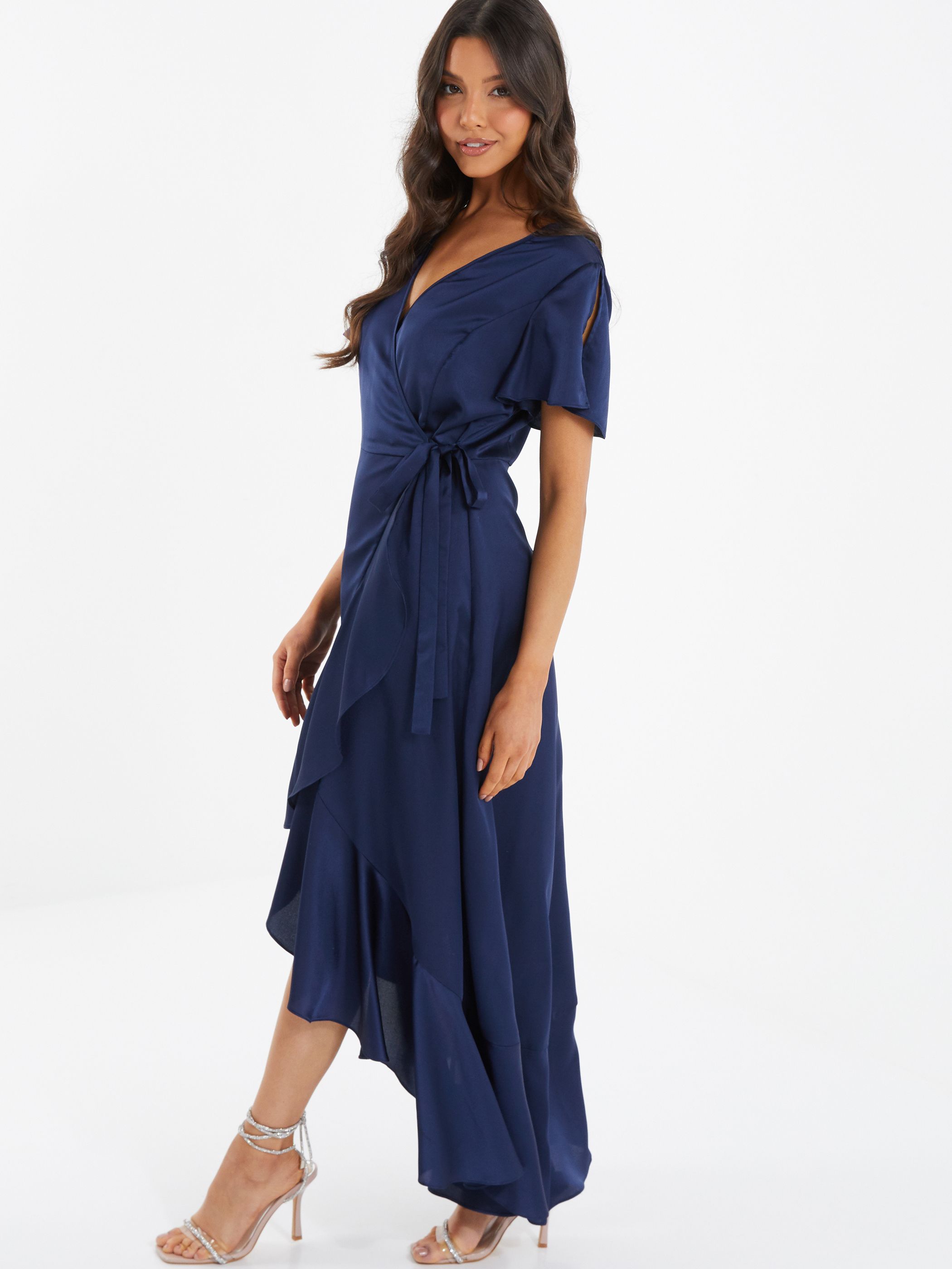 Navy Satin Wrap Maxi Dress