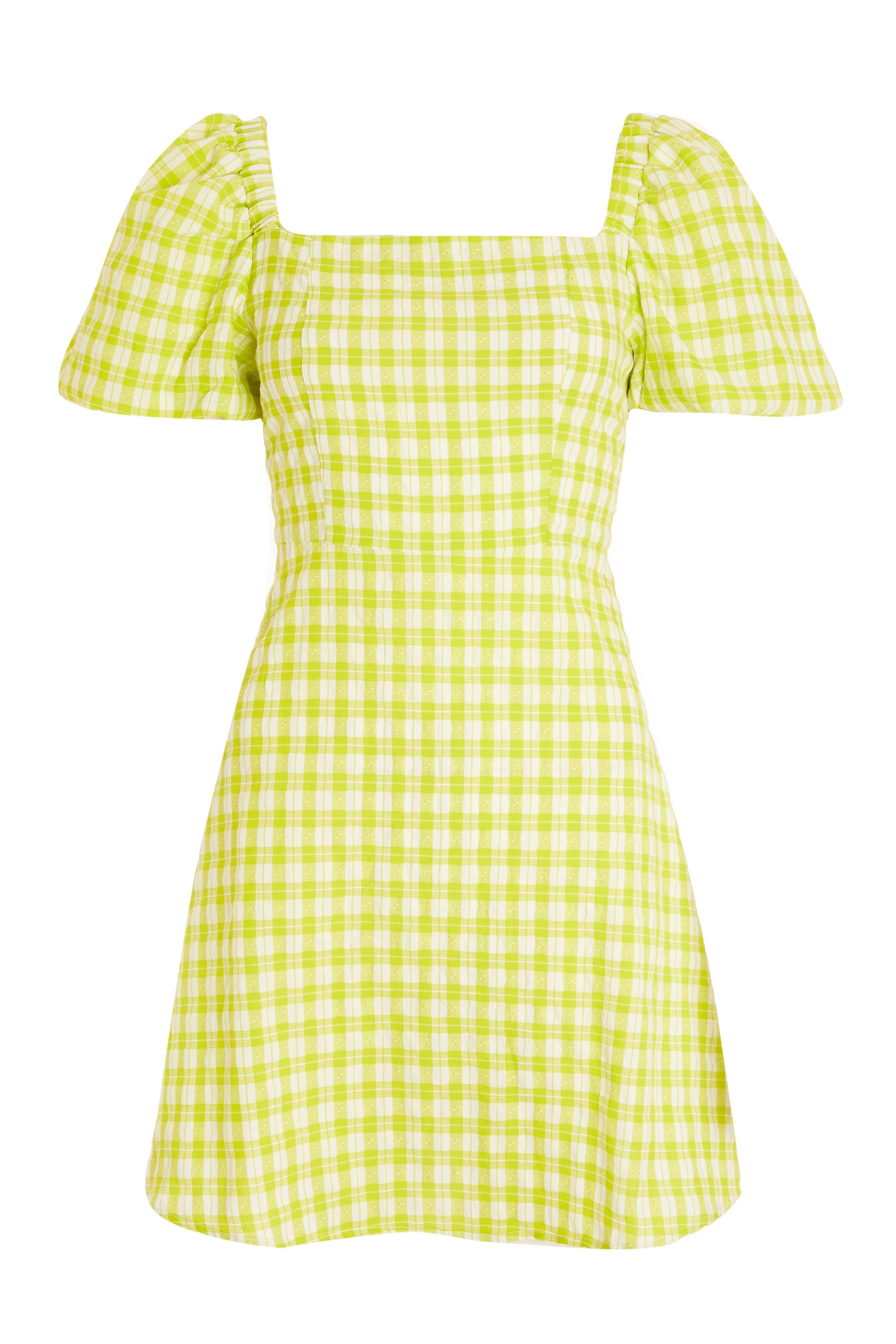 - Gingham print  - A-line dress  - Puff sleeve  - Zip back  - Square neckline  - Length: 90cm approx  - Model Height: 5' 9