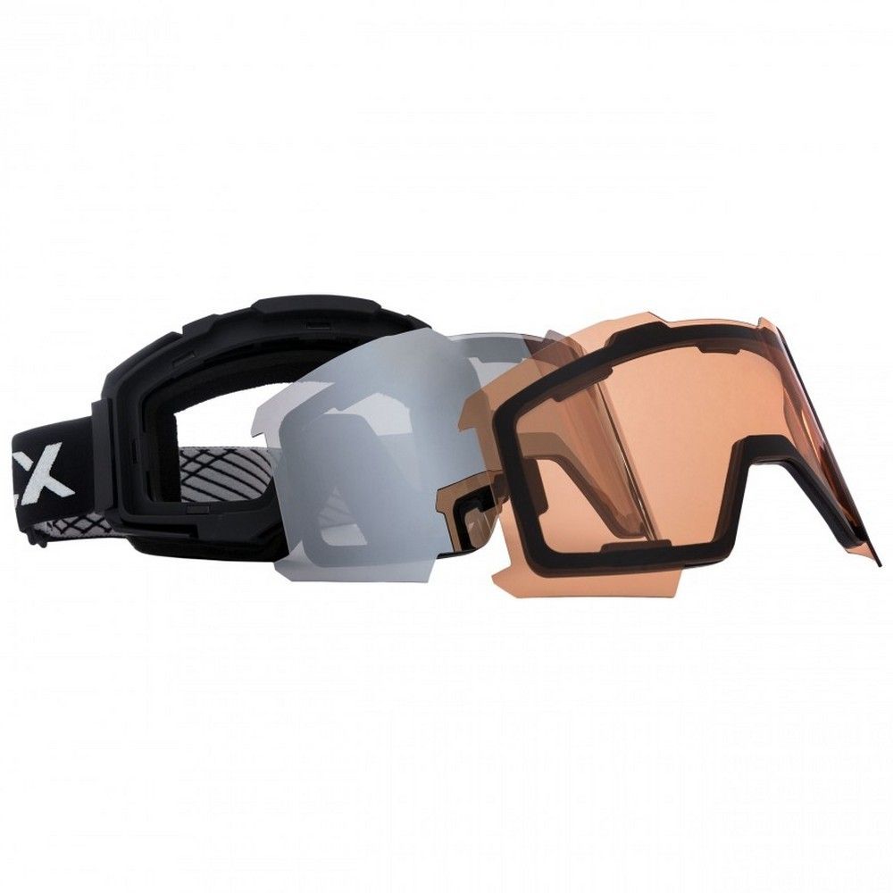UV 400nm protection. Magnetic changeable lenses. 1x smoke/mirrored lens. 1 x orange lens. Adjustable headband with silicon grip lines. Face fitting foam. Anti-fog coating.