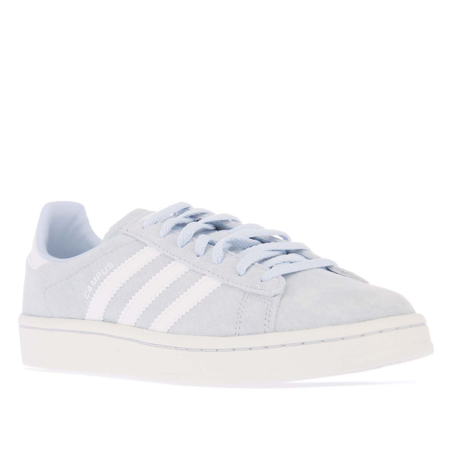 Womens adidas Originals Campus Trainers in light blue.- Suede upper.- Regular fit.- Lace fastening.- Reinforced toe cap.- Synthetic leather 3- Stripes and heel patch.- Trefoil logo on the tongue and heel patch.- Contrast Campus logo on quarter.- OrthoLite® sockliner.- Rubber outsole.- Leather and suede upper  Synthetic leather lining.- Ref: CQ2105