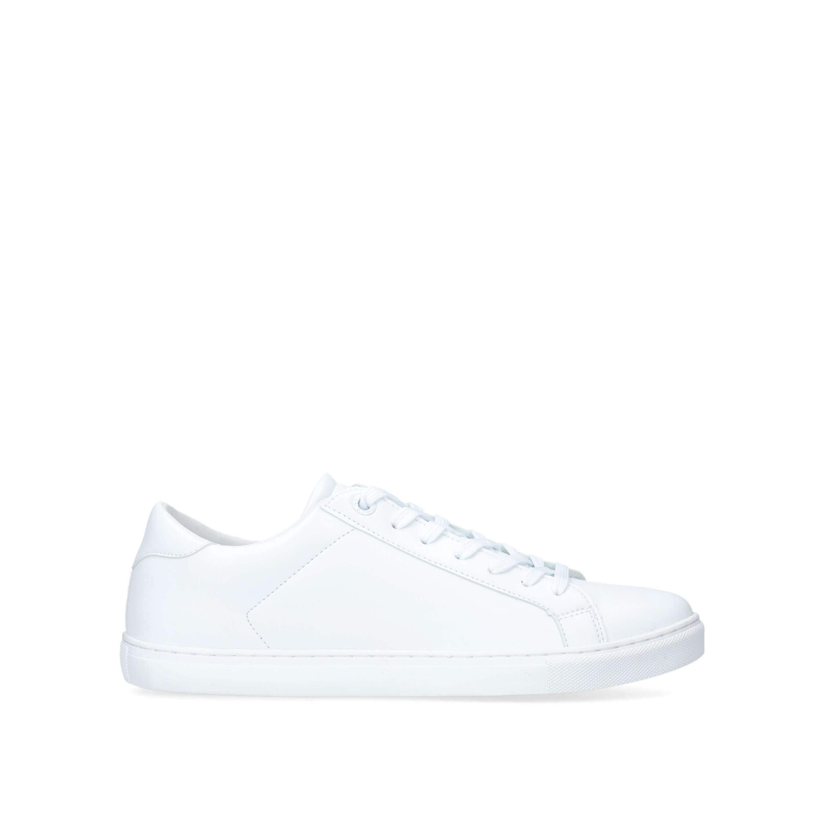 The Kacy is a classic sneaker in white. There is silver foil embossed branding on the tongue and a simple KG Kurt Geiger logo printed on ribbed textile with print stitch detailing tab at the back of the heel.
