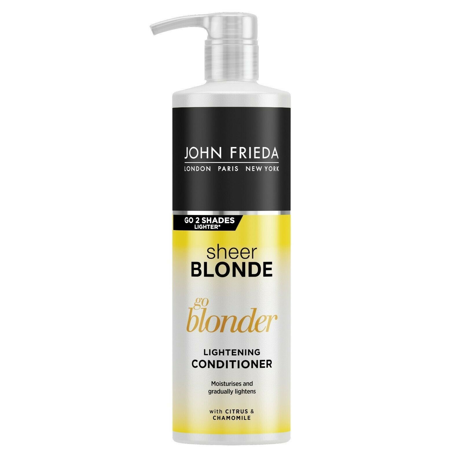 John Frieda Sheer Blonde Go Blonder Lightening Shampoo & Conditioner Duo Pack.  Get a lighter blonde that feels as good as it looks. Our Lightening Shampoo gradually lightens and renews blonde hair's healthy appearance and touch. The Lightening Conditioner, with Citrus and Chamomile, restores moisture and renews softness, giving you a shimmery, sunlit blonde.  

Set Contains:  1x John Frieda Sheer Blonde Go Blonder Lightening Shampoo 500ml & 1x John Frieda Sheer Blonde Go Blonder Lightening Conditioner 500ml