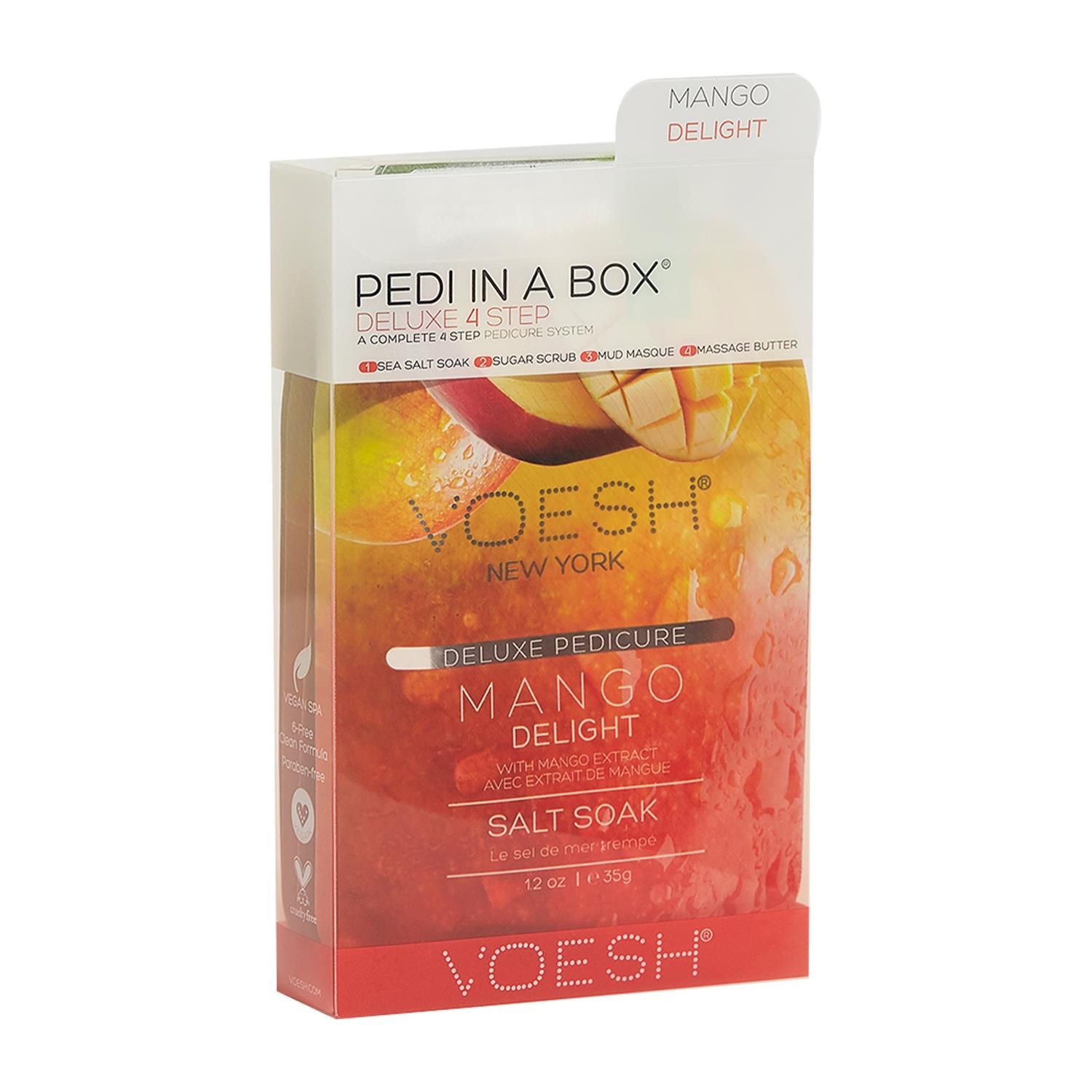 Voesh Mango Delight Deluxe 4 Step Pedicure In A Box with Mango Extract.  The Cleanest And Most Hygienic Spa Pedicure Solution. Enriched With Key Ingredients To Give Your Feet The Nutrition It Needs. Each Product Is Individually Packed With The Right Amount For A Single Pedicure.

The Perfect Pedi For:
DIY At-Home Pedicure
Date Night
Bachelorette Parties
Girls’ Night In

The kit contains:
Sea Salt Soak: This soak helps relieve tension, stiffness, minor aches and discomfort in your feet. It helps detox and deodorize the feet.
Sugar Scrub: The scrub gently exfoliates dead skin cells and helps soften your feet. Perfect for use on the soles on your feet.
Mud Masque: The masque removes deep-seated impurities in your skin leaving your feet feeling clean and revived.
Massage Cream: The massage cream hydrates and soothes skin. It softens the soles of your feet and helps prevent dryness and roughness.

4 Step Includes
Sea Salt Soak 35g: to detox & deodorize the feet.
Sugar Scrub 35g: to gently exfoliate dead skin.
Mud Masque 35g: to deep cleanse impurities.
Massage Butter 35g: to hydrate and soothe skin.