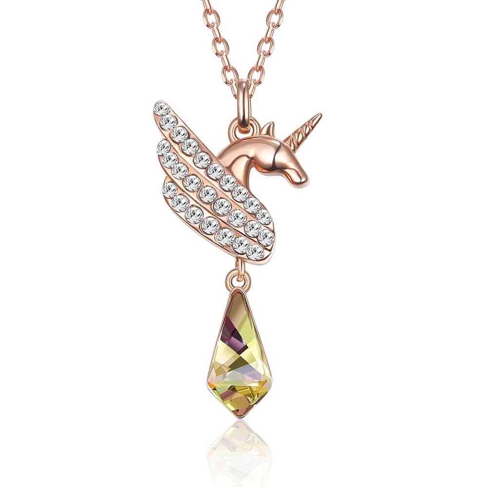 White Swarovski Crystal and Aurora borealis unicorn necklace and pendant White Swarovski crystal with multiple aurora borealis reflections Dimensions of the pendant: 2.7 cm x 1.5 cm Clasp type: Lobster claw Delivered with its 41 cm rose gold plated chain (adjustable 5 cm)