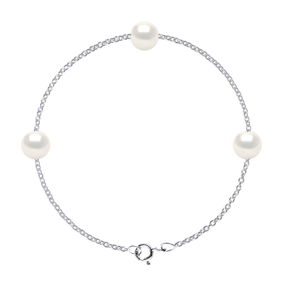 Bracelet in chain mesh 925 Sterling Silver Rhodium-plated and 3 true Cultured Freshwater Pearls 8-9 mm , 0,31 in - Natural White Color Length 18 cm , 7 in - Our jewellery is made in France and will be delivered in a gift box accompanied by a Certificate of Authenticity and International Warranty