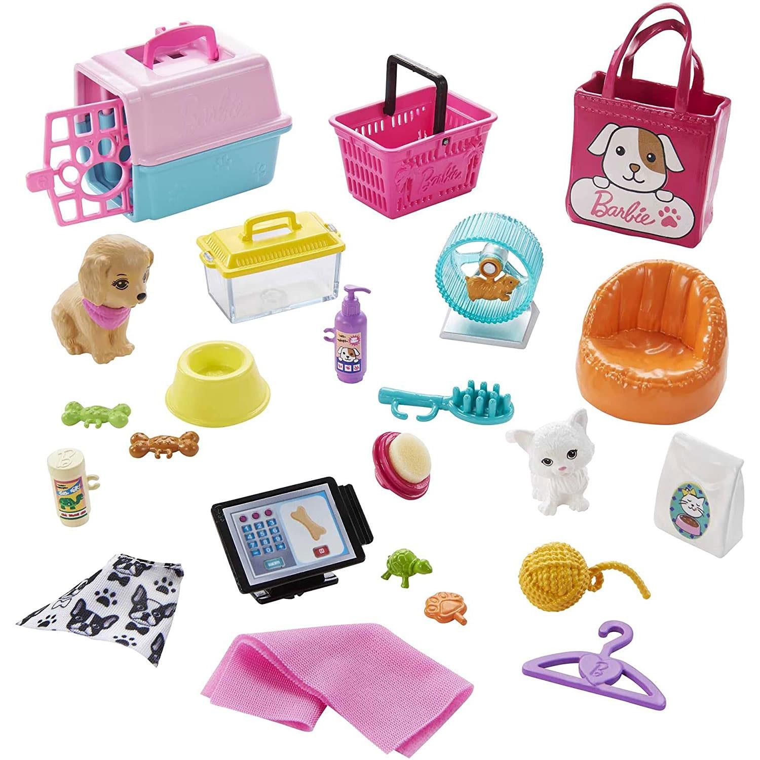 Barbie Pet Supply Store Playset with Doll and Accessories

Welcome to the Barbie pet boutique playset, where kids will find everything they need to help Barbie doll care for her animal friends! This playset inspires nurturing play and friendship stories with a grooming station, checkout counter, shelving unit and over 20 themed play pieces. To help Barbie doll groom her puppy, flip the counter up to reveal a grooming station. Dip the included sponge in warm water and help the puppy wash up, then watch his muddy spots vanish! After they've cleaned up, Barbie dolls can shop for treats and toys or adopt a new pal. With four pets, fun features and so many accessories, this Barbie pet store playset inspires endless storytelling for 3 to 7-year-olds. Doll cannot stand alone. Colours and decorations may vary.

Features:

The Barbie pet boutique playset is an animal lover's dream with 4 pets, a grooming station, a checkout counter and over 20 themed play pieces.
The playset can transform in seconds -flip the counter up to reveal a sink where a Barbie doll can groom her puppy.
To activate the puppy's colour-change feature, dip the included sponge in warm water and 