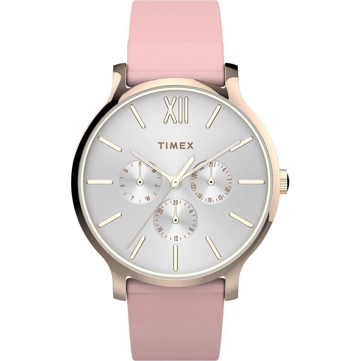 This Timex Transcend Multi Dial Watch for Women is the perfect timepiece to wear or to gift. It's Gold 38 mm Round case combined with the comfortable Pink Leather watch band will ensure you enjoy this stunning timepiece without any compromise. Operated by a high quality Quartz movement and water resistant to 5 bars, your watch will keep ticking. This watch is great with both casual and dressy wear, this watch will always attract attention to your wrist! -The watch has a calendar function: Day-Date, Luminous Hands, 24-hour Display High quality 19 cm length and 17 mm width Pink Leather strap with a Buckle Case diameter: 38 mm,case thickness: 9 mm, case colour: Gold and dial colour: Silver