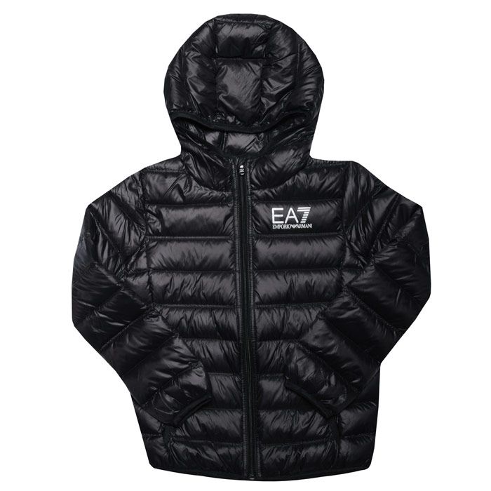 Junior Boys Emporio Armani Padded Jacket in black. – High neck. – Emporio Armani EA7 logo to the left of the chest.  – Central zip closure. – Two open side pockets. – Lightweight down. – 100% Polyamide. – Ref: B34BN29Z1200