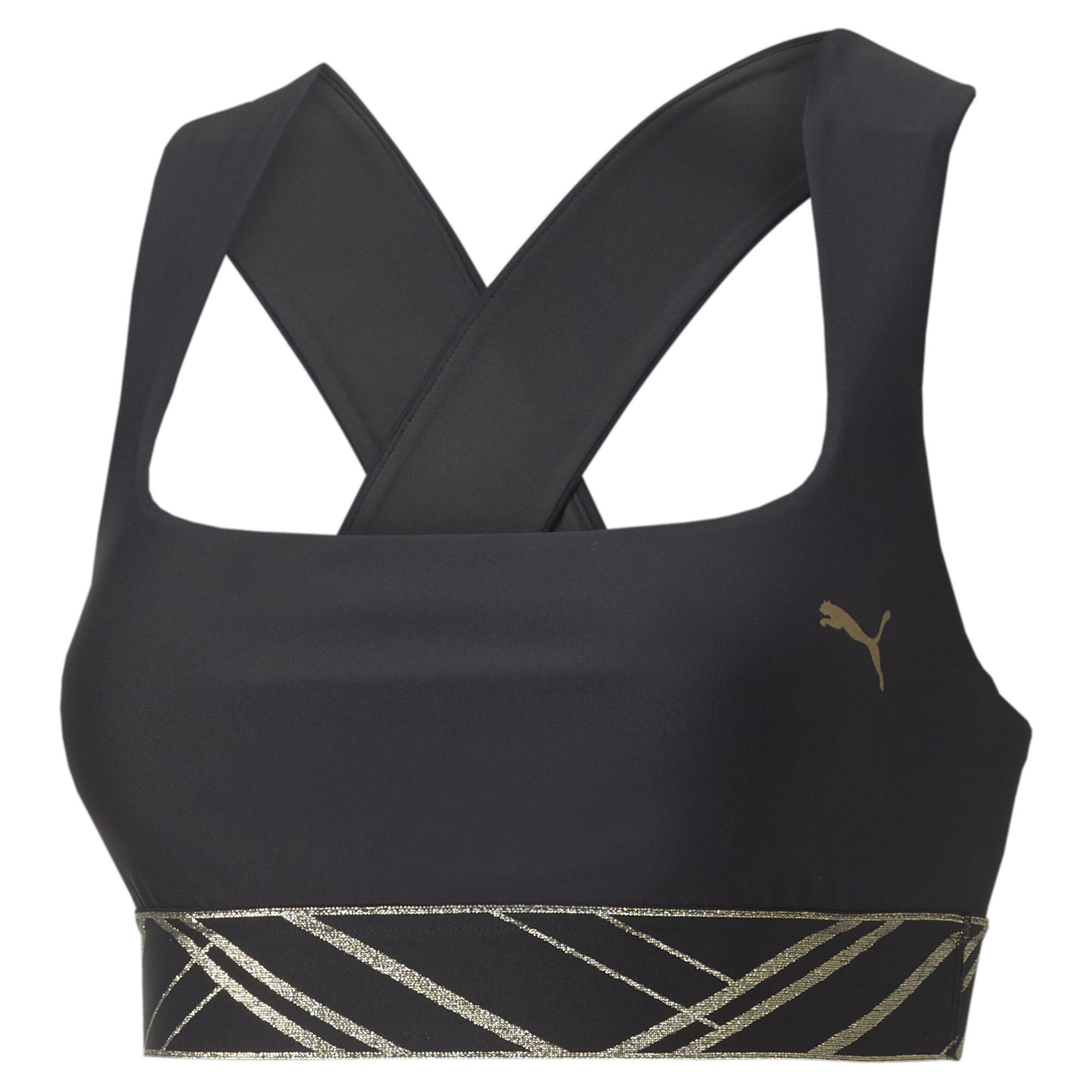 PRODUCT STORY Athletic yet edgy, with comfortable compression to keep you supported through high and low impact sports, our Deco Glam Bra is a must-have for women on the move. Featuring thick, crisscrossing straps, standout graphics, and dryCELL moisture-technology to keep you cool and comfortable as the action intensifies, you'll be dressed for both style and success. FEATURES & BENEFITS : Midori: Made with the bio-based finishing treatment miDori® bioWick dryCELL: Performance technology designed to wick moisture from the body and keep you free of sweat during exercise DETAILS : Mid impact support for versatile workouts Removable pads for a customisable fit Crisscrossing straps PUMA Cat Logo on left chest