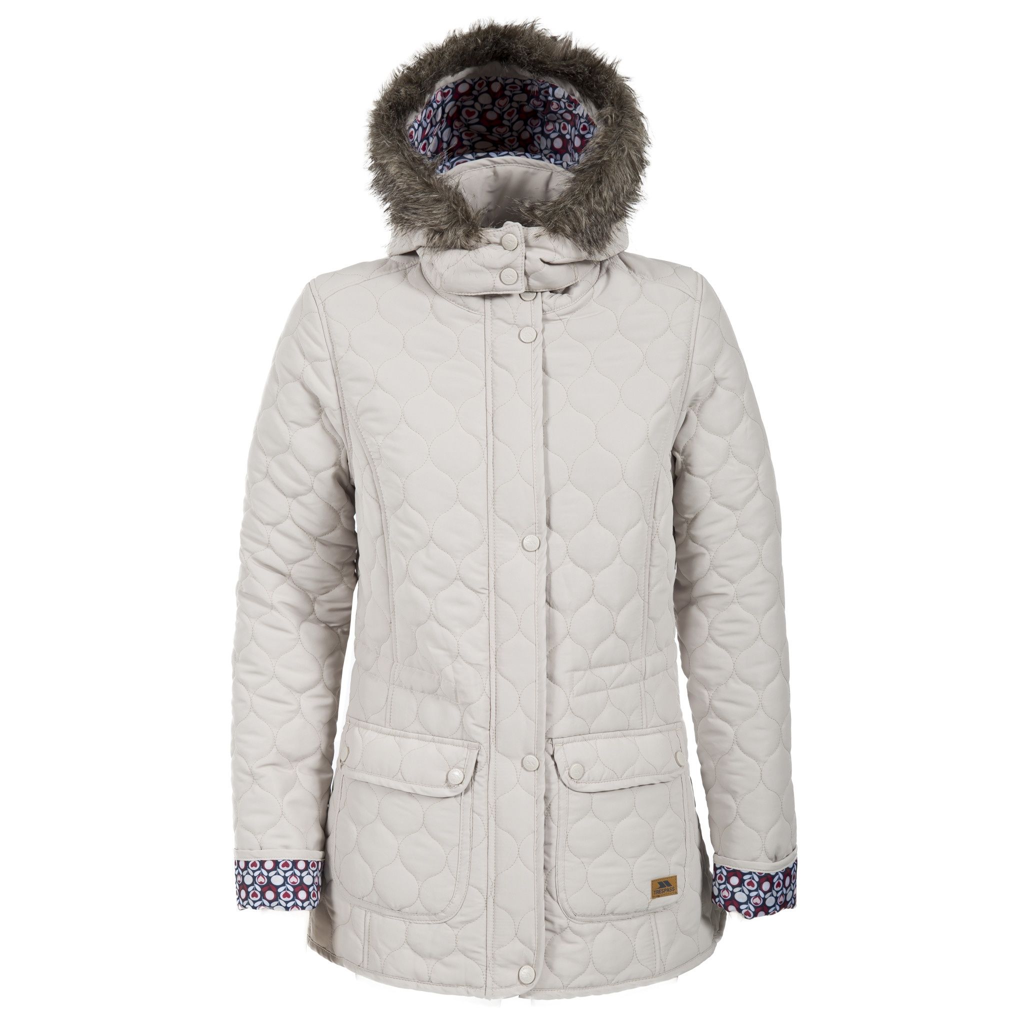 Womens padded coat. Onion quilted stitching. 2 stud fastening waist pockets. Detachable hood with fur trim. Drawcord at waist. Printed lining. Material composition: shell- 100% Polyester, lining- 100% Polyester, padding: 100% Polyester. Trespass Womens Chest Sizing (approx): XS/8 - 32in/81cm, S/10 - 34in/86cm, M/12 - 36in/91.4cm, L/14 - 38in/96.5cm, XL/16 - 40in/101.5cm, XXL/18 - 42in/106.5cm.