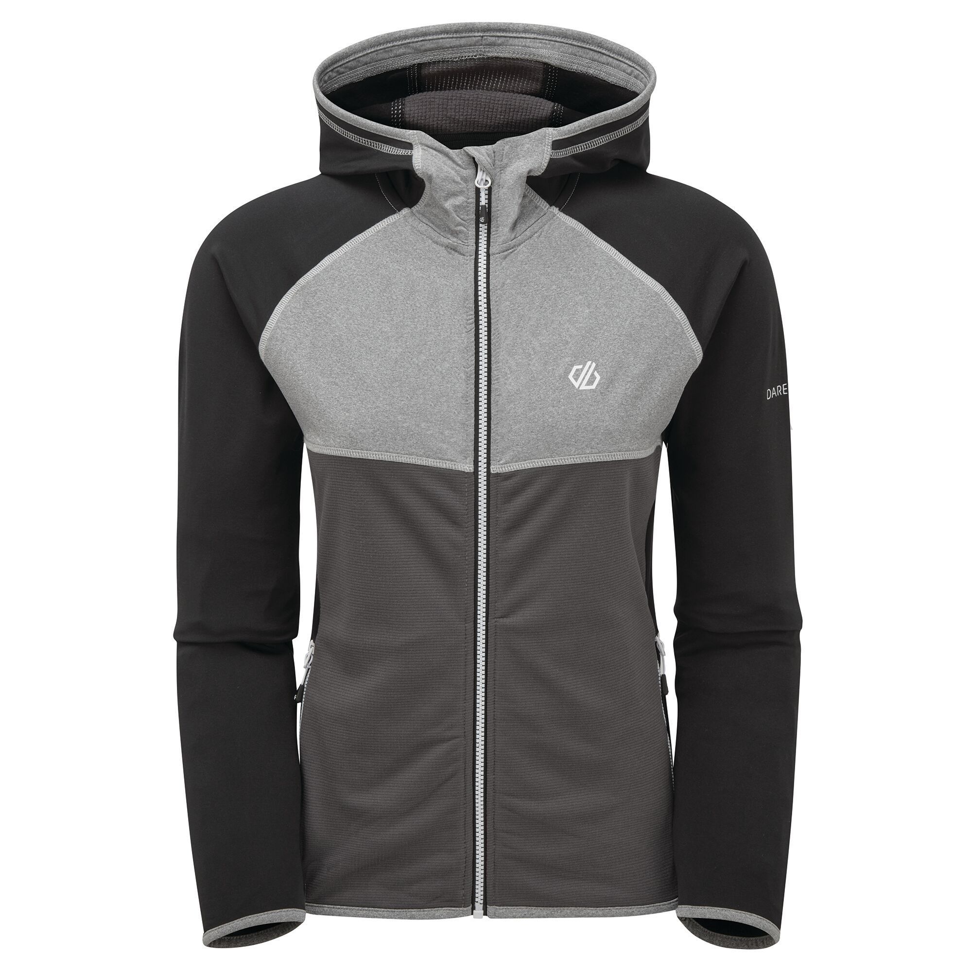 Material: 100% Polyester. Lightweight, stretch fabric hooded sweatshirt with full length zip. Stretch binding to hood opening, cuffs and hem. Inner zip and chin guard. 2 lower zip pockets.