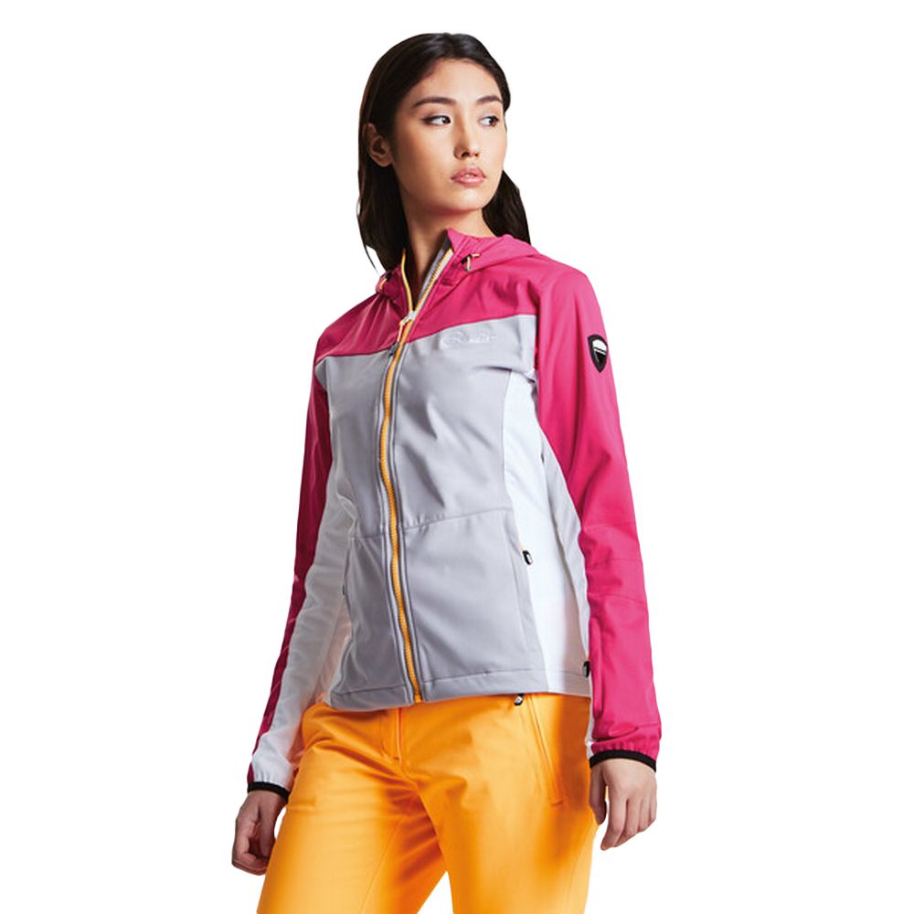 100% Polyester. Womens softshell jacket made of Ilus D-lab lightweight Polyester/Elastane fabric. Windproof membrane. Fabric waterproof up to 10,000mm. Breathability rating 5,000/m2/24hrs. Water repellent finish. Textured fabric overlay panels. Grown on hood with drawcords. Underarm ventilation zips. Inner zip and chin guard. 2 x lower zip pockets. 1 x ski pass zip pocket. Warm scrim pocket lining. Stretch binding to cuffs. Adjustable shockcord hem. Ideal for wearing outdoors on a cold day.