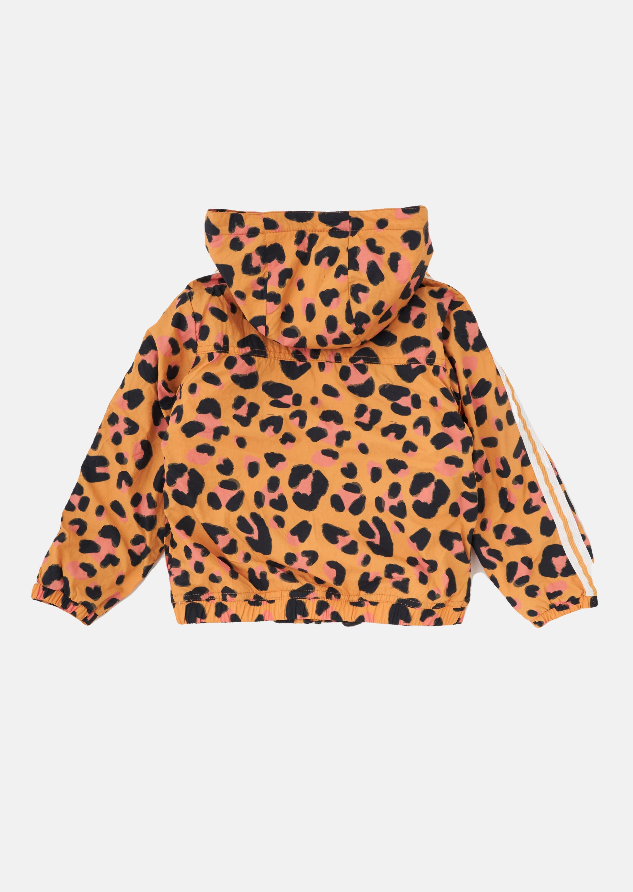 For a lightweight jacket this season. look no further than the Naomi Windcheater in this fabulous animal print. Updated for AW with a super soft fleece lining. It features a chunky zip fastening and laid on stripes for a sporty feel. Colour: Orange Angel & Rocket cares: made with recycled polyester. About me: 100% Polyester. Look after me: think planet. machine wash at 30c...